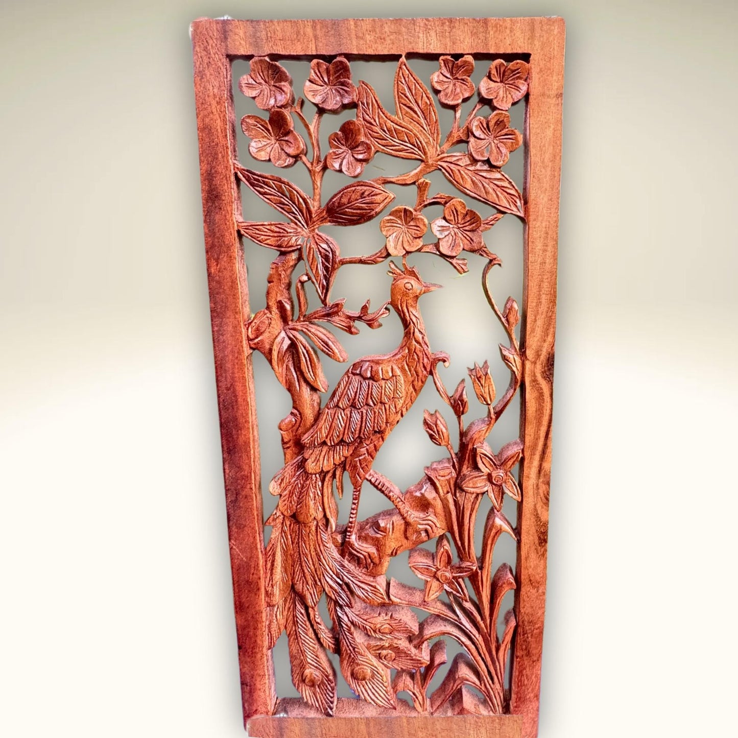 Balinese Peacock Panel Wall Art Plaque Hand Carved Wood Asian Decor