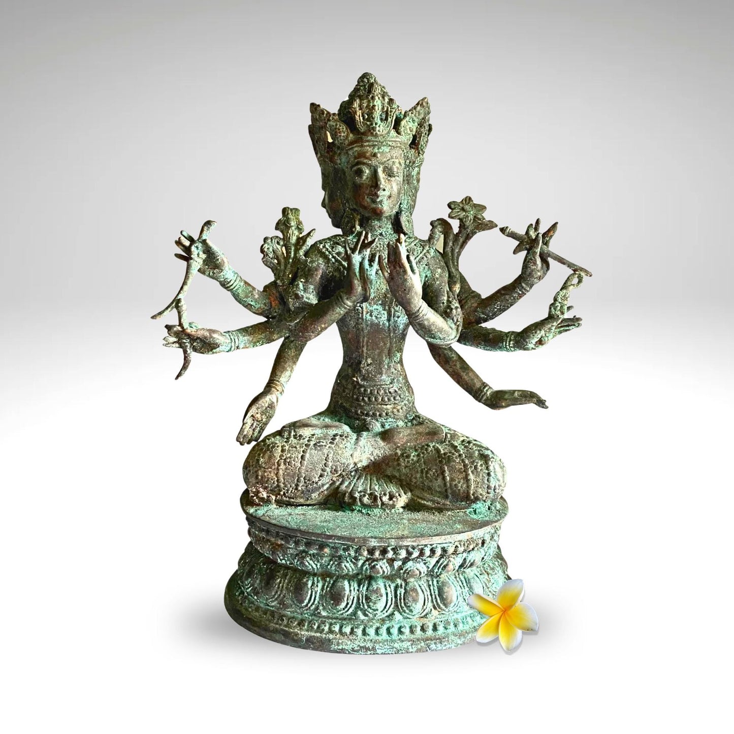 Trimurti Bronze Statue: Balinese Hindu Trinity Sculpture, Lost Wax Cast Metal with Verdigris Patina