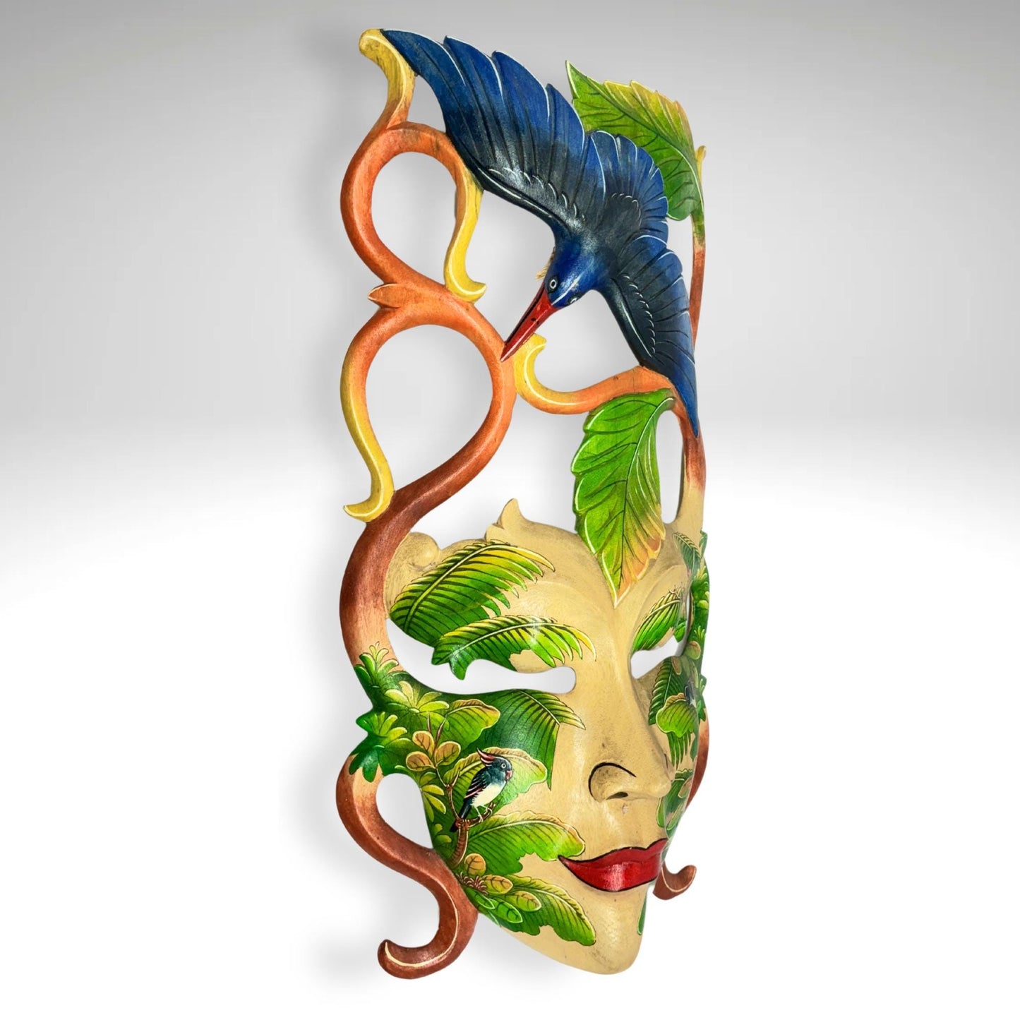 Balinese Dewi Sri Mask: Hand-Carved Forest Goddess with Kingfisher