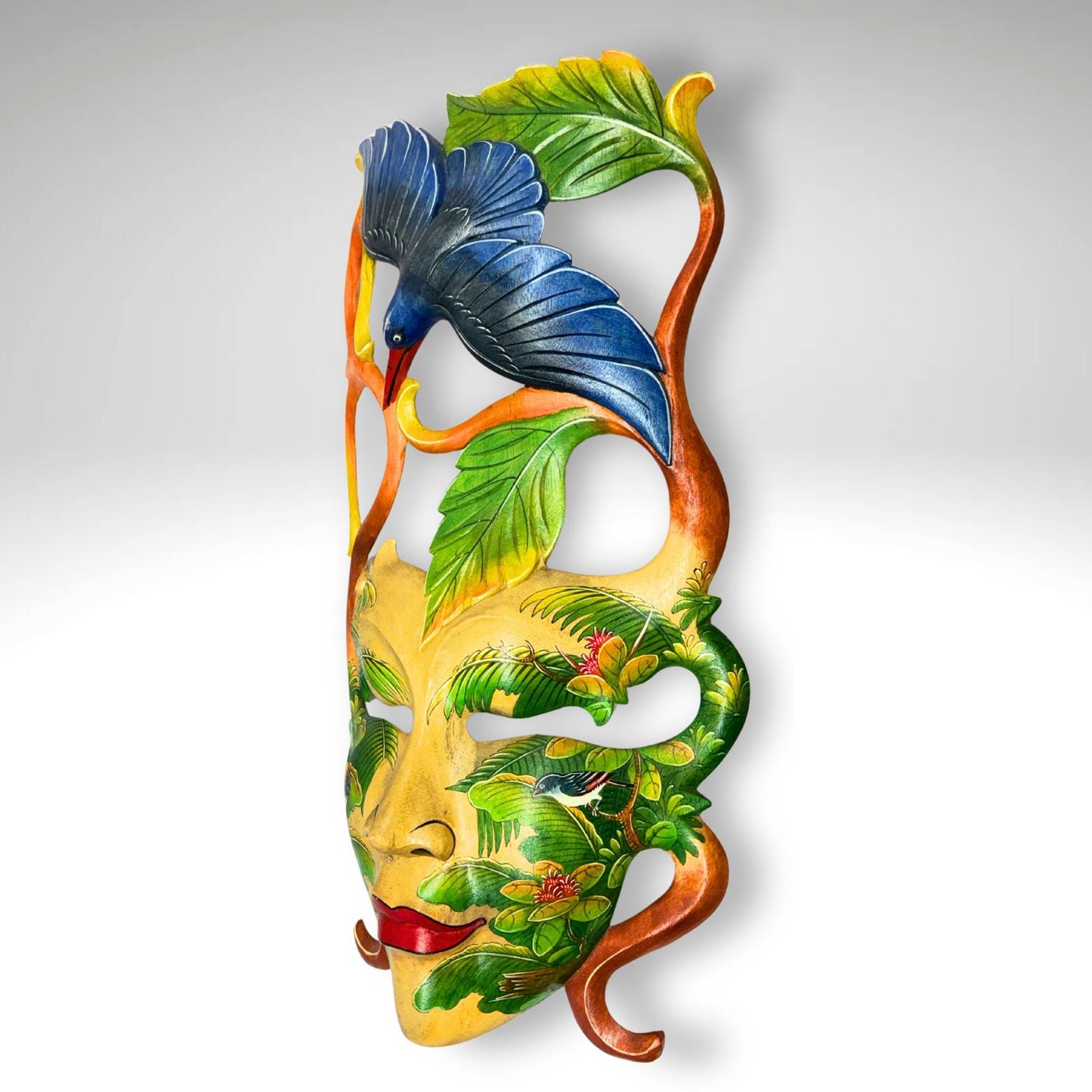 Balinese Dewi Sri Mask: Hand-Carved Forest Goddess with Kingfisher