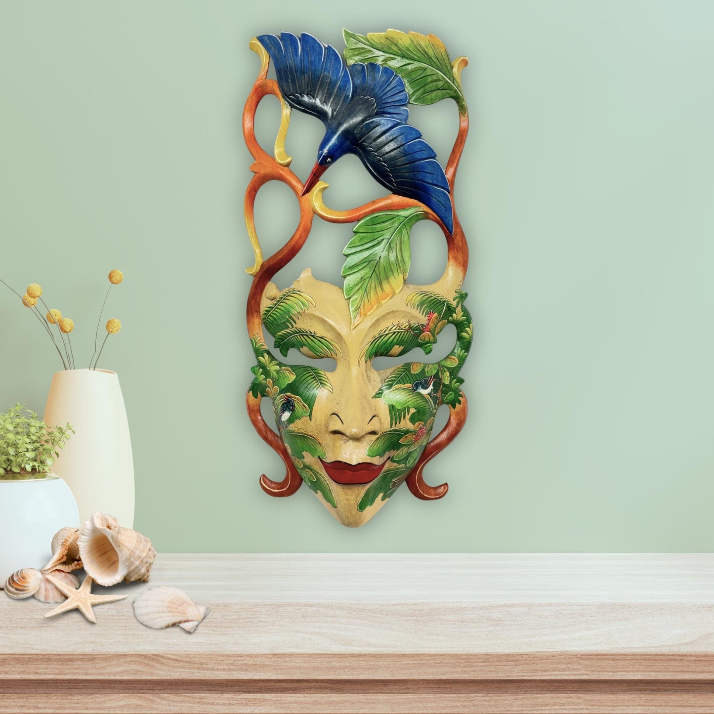 Balinese Dewi Sri Mask: Hand-Carved Forest Goddess with Kingfisher