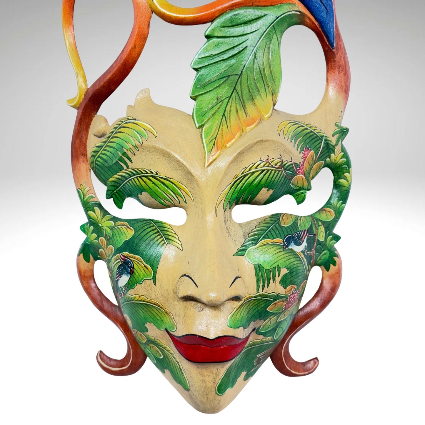 Balinese Dewi Sri Mask: Hand-Carved Forest Goddess with Kingfisher