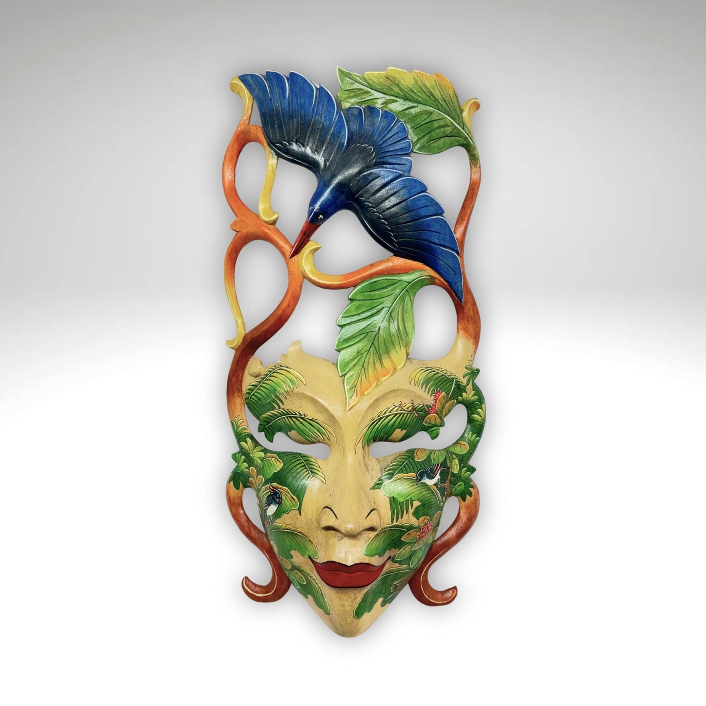Balinese Dewi Sri Mask: Hand-Carved Forest Goddess with Kingfisher