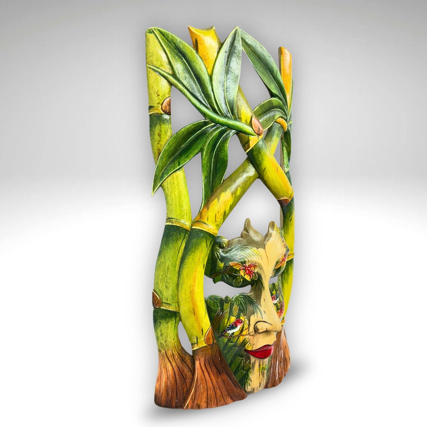 Bali Dewi Sri Mask: Hand Carved Bamboo Forest Goddess Wall Art