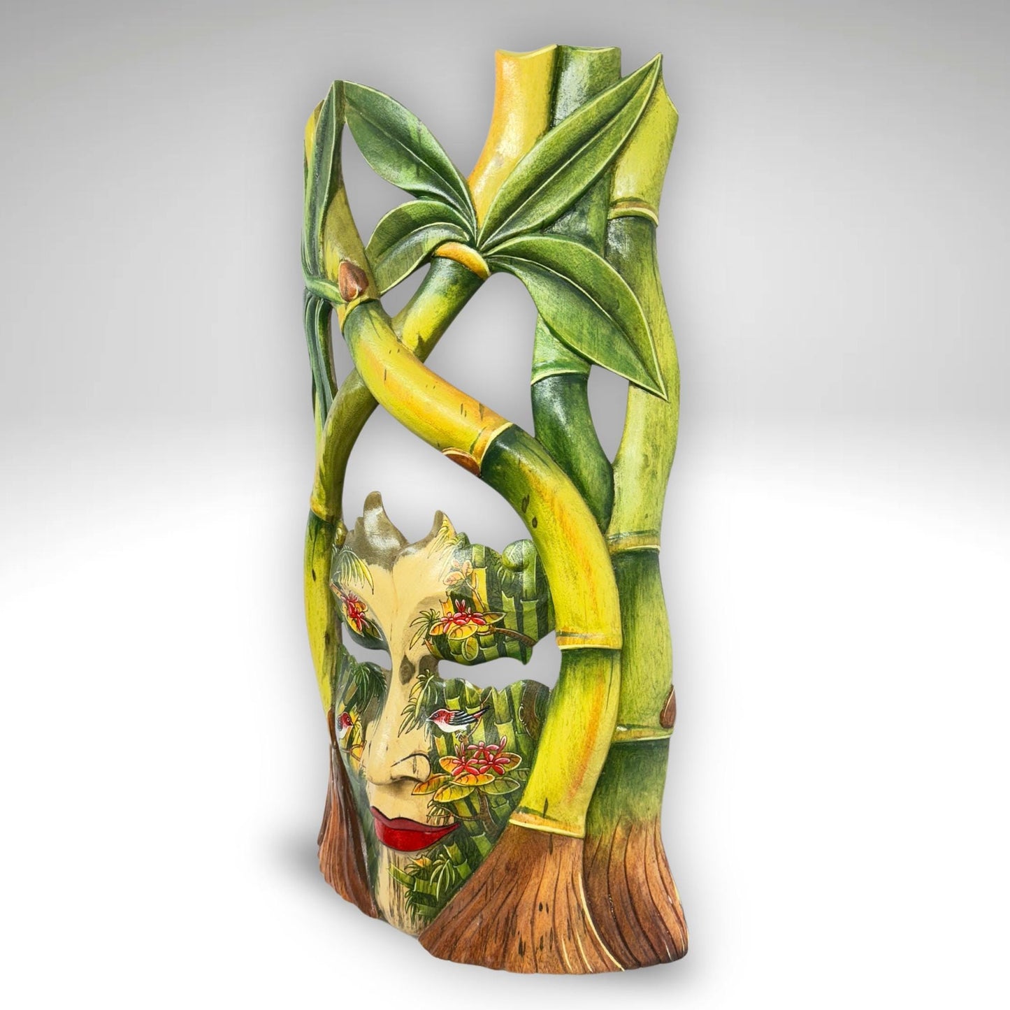 Bali Dewi Sri Mask: Hand Carved Bamboo Forest Goddess Wall Art
