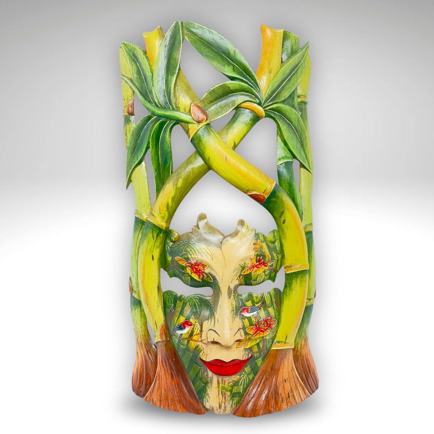Bali Dewi Sri Mask: Hand Carved Bamboo Forest Goddess Wall Art