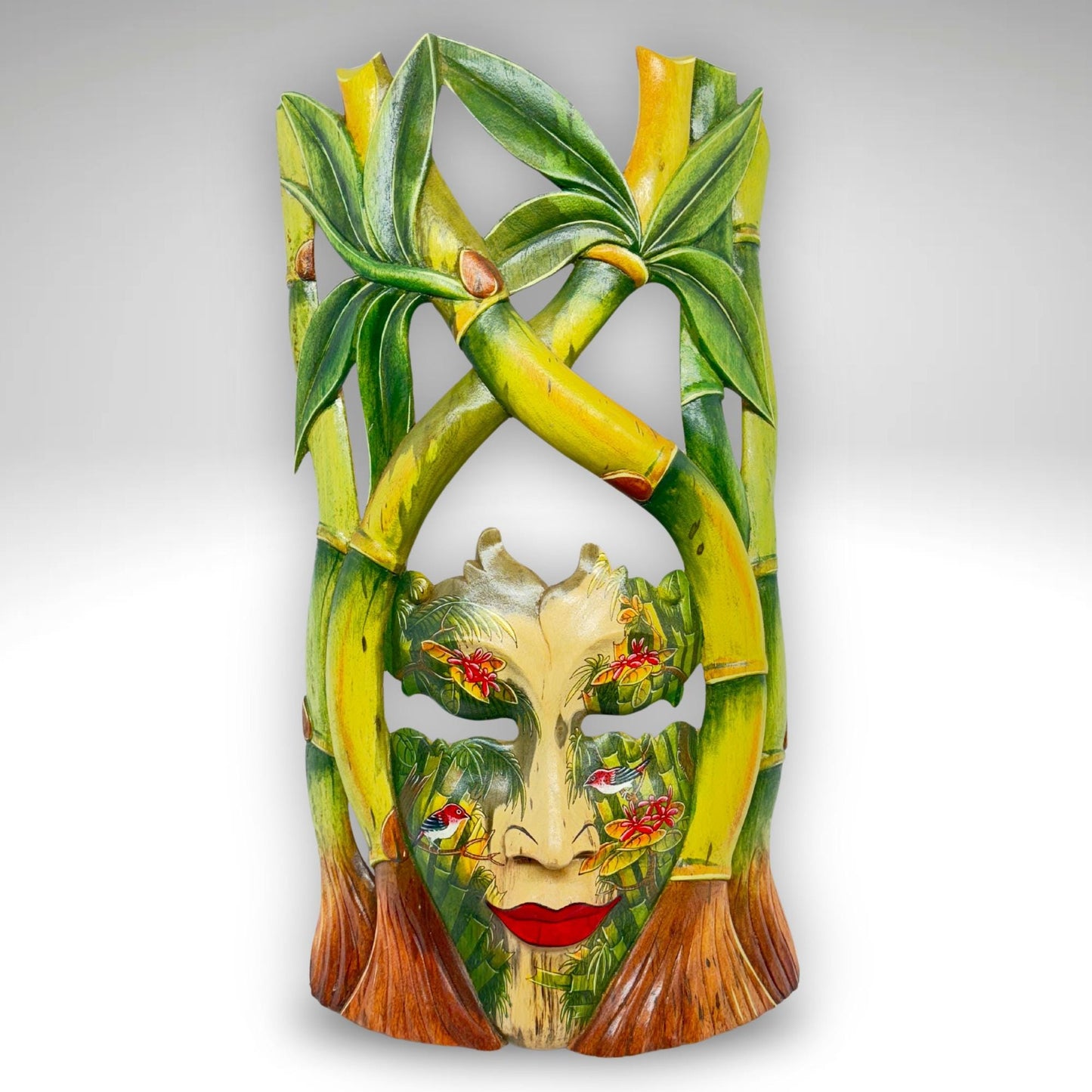 Bali Dewi Sri Mask: Hand Carved Bamboo Forest Goddess Wall Art