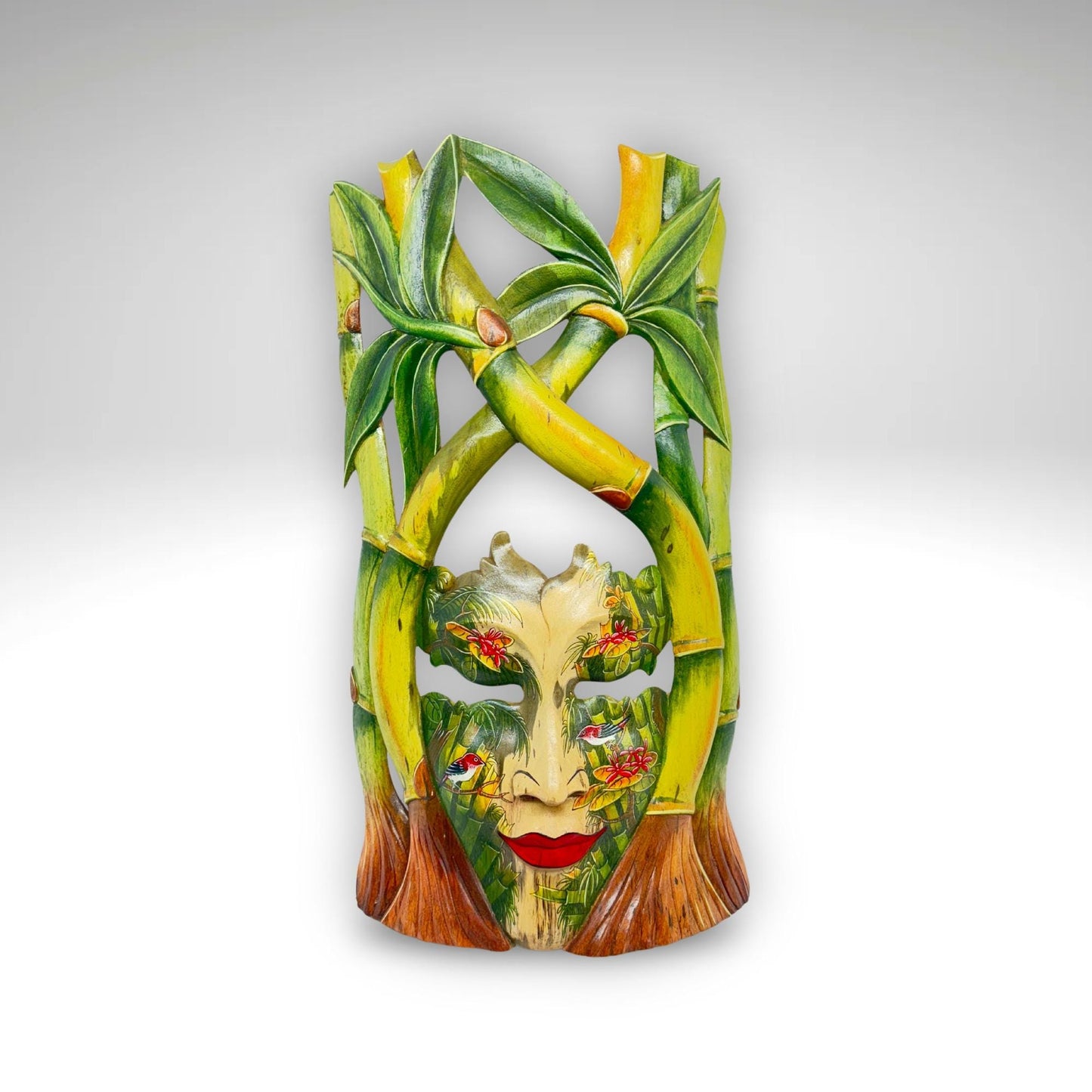 Bali Dewi Sri Mask: Hand Carved Bamboo Forest Goddess Wall Art