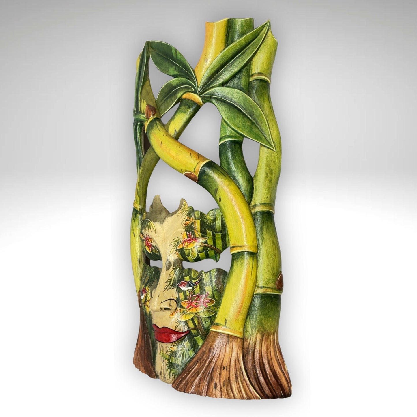 Bali Dewi Sri Mask: Hand Carved Bamboo Forest Goddess Wall Art