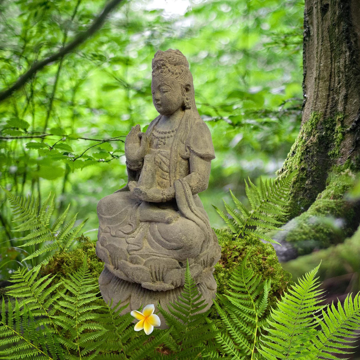 Seated Kwan Yin Guanyin Garden Statue Bodhisattva of Compassion Buddha Goddess Cast Handmade Lava stone Eclectic Asian  Decor sculpture