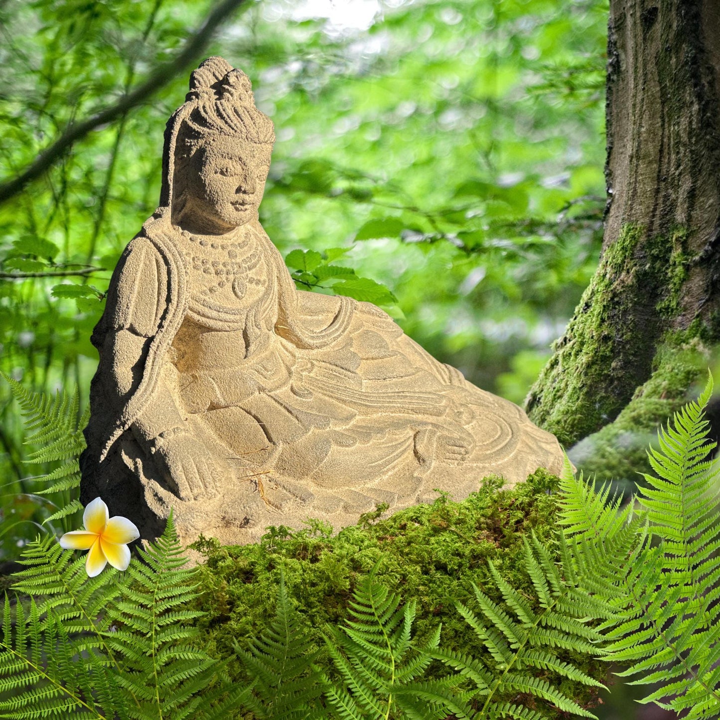 Guanyin Goddess of Mercy Garden Statue, Handmade Cast Lava Stone Kwan Yin Sculpture