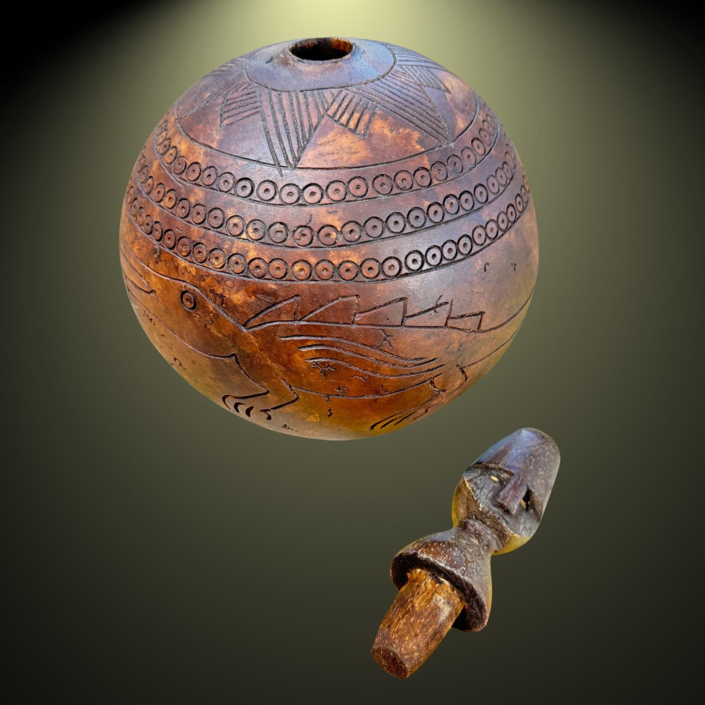 Hand Carved Gourd Betel Nut Container: Indonesian Timor Tribal Art