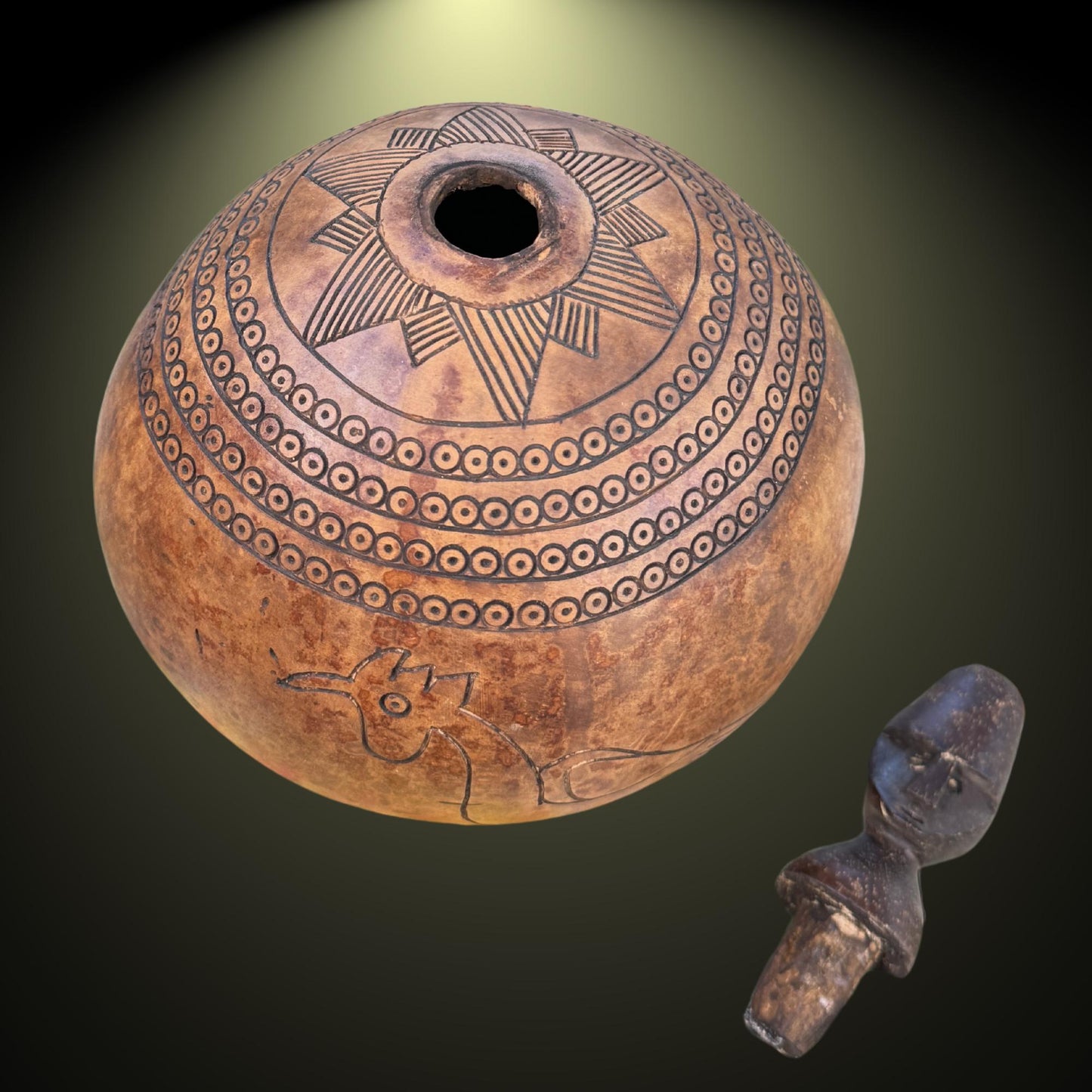 Hand Carved Calabash Gourd betel nut Container: Timor Tribal Art, Mid 20th Century