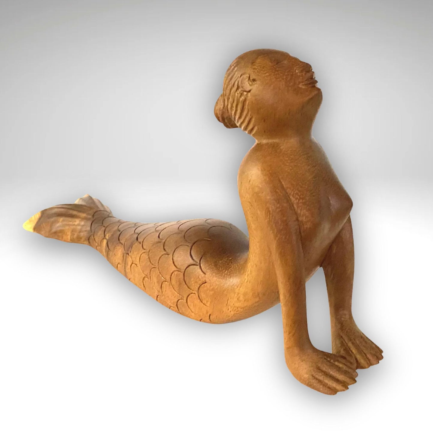 Hand Carved Wood Mermaid Yoga Statue - Cobra Pose - Balinese Art