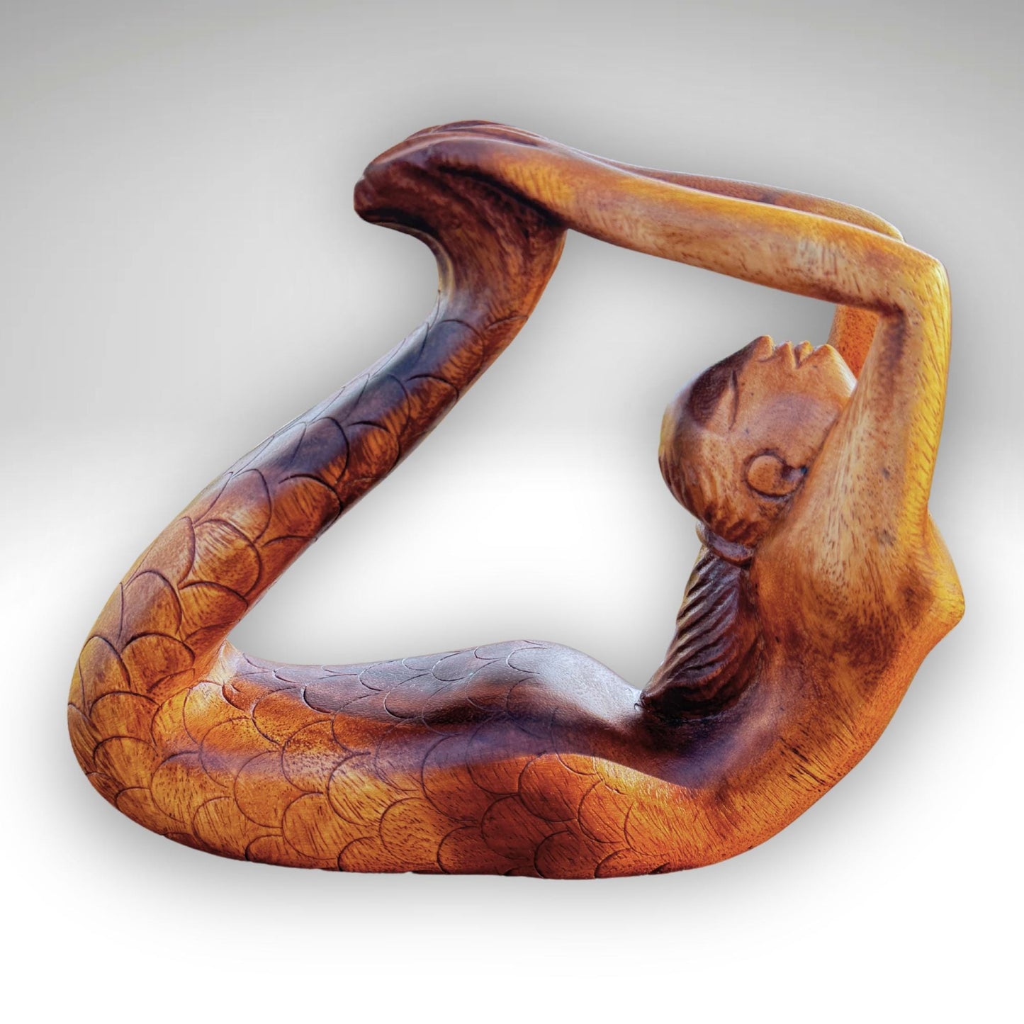 Yoga Mermaid Statue Figurine Dhanurasana Bow Pose Bali Hand Carved Wood Carving Balinese Art