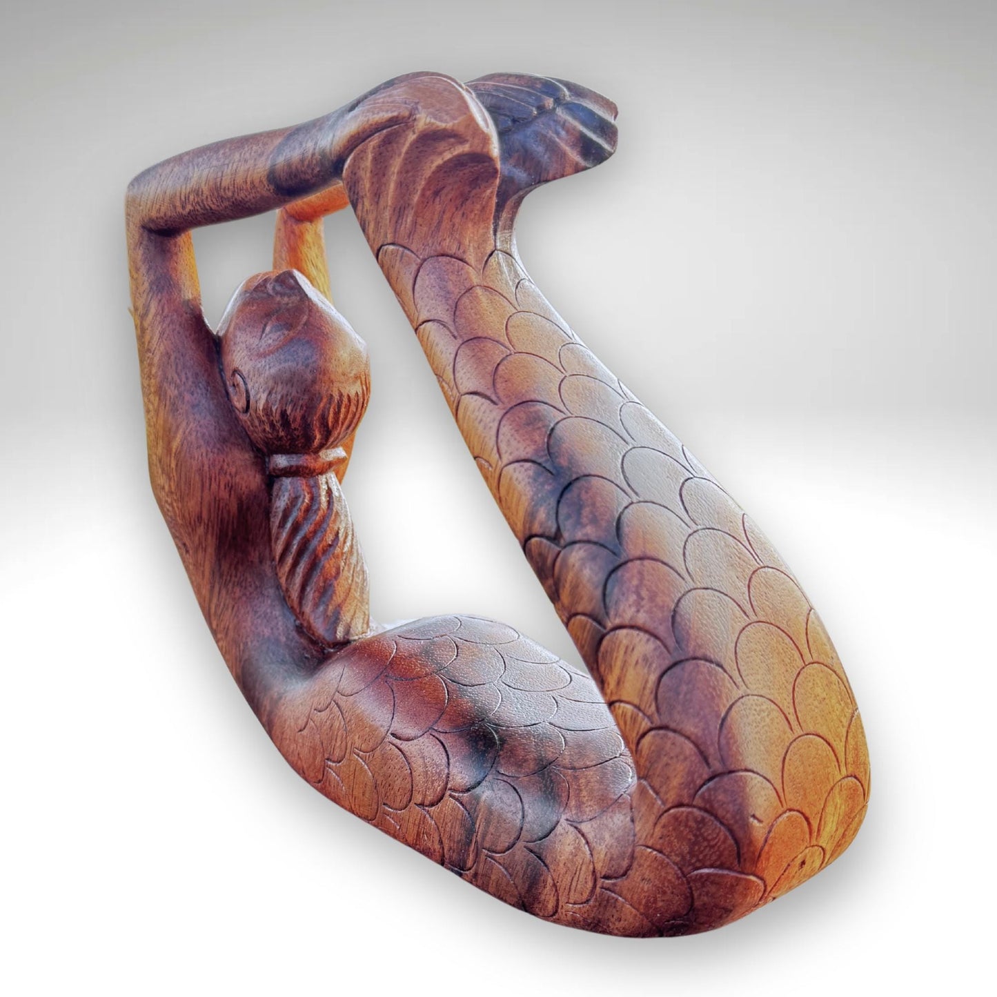 Yoga Mermaid Statue Figurine Dhanurasana Bow Pose Bali Hand Carved Wood Carving Balinese Art