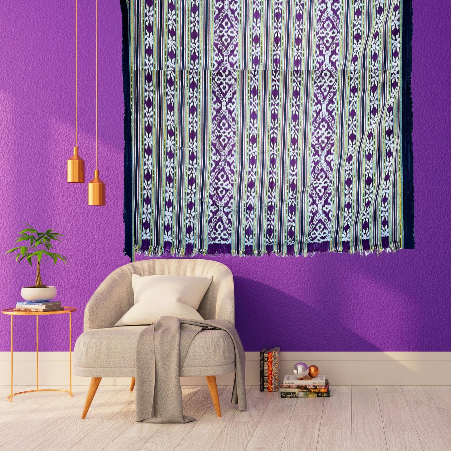 Indonesian Ikat handwoven cotton Tapestry Wall hanging Blanket Handmade hand loomed textile Purple