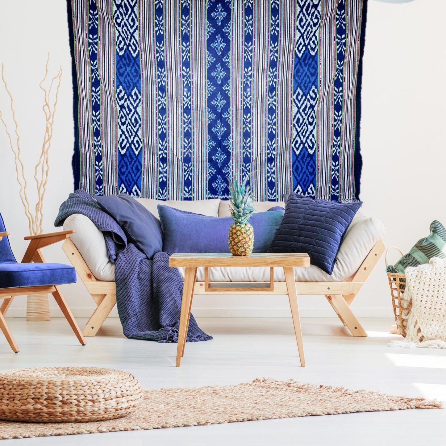 Indonesian Ethnic Ikat handwoven cotton Tapestry Wall hanging Blanket Handmade hand loomed textile Blue