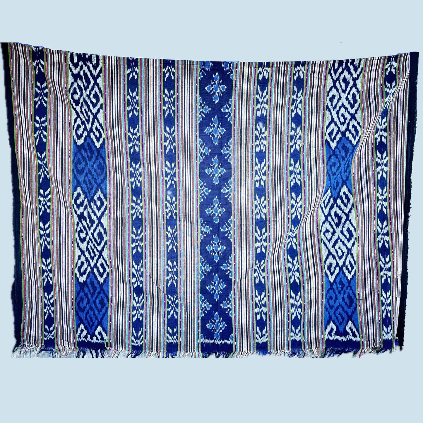 Indonesian Ethnic Ikat handwoven cotton Tapestry Wall hanging Blanket Handmade hand loomed textile Blue