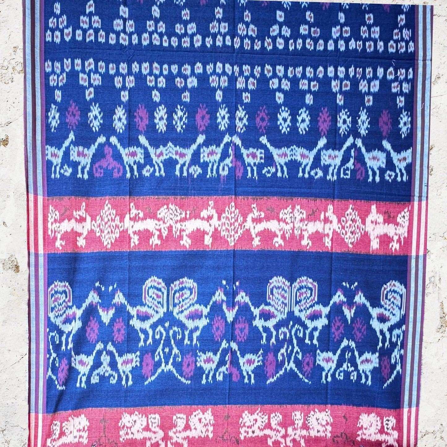 Handwoven Indonesian Cotton Ikat  Blanket: Red Indigo Chicken Motif. hand loomed cloth