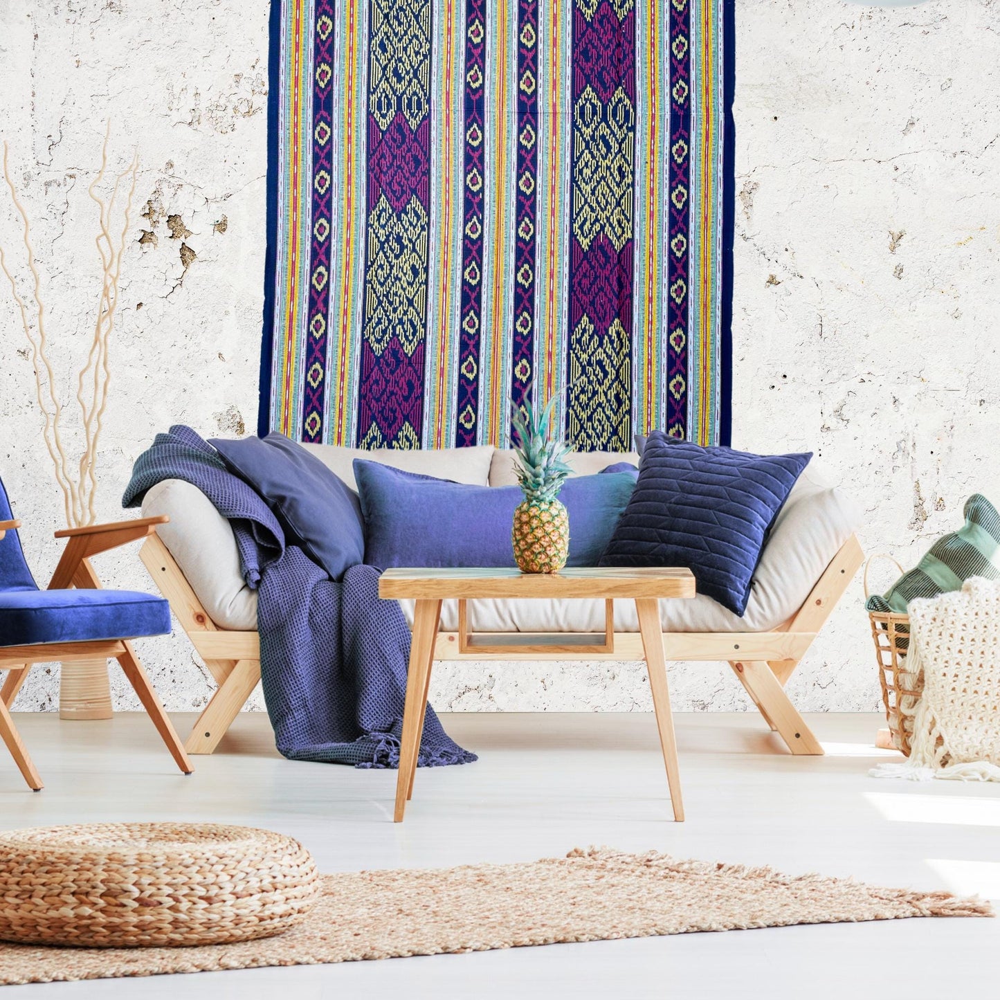 Handwoven Indonesian Ikat Cotton Tapestry: Hand Loomed Red Indigo Ethnic Blanket