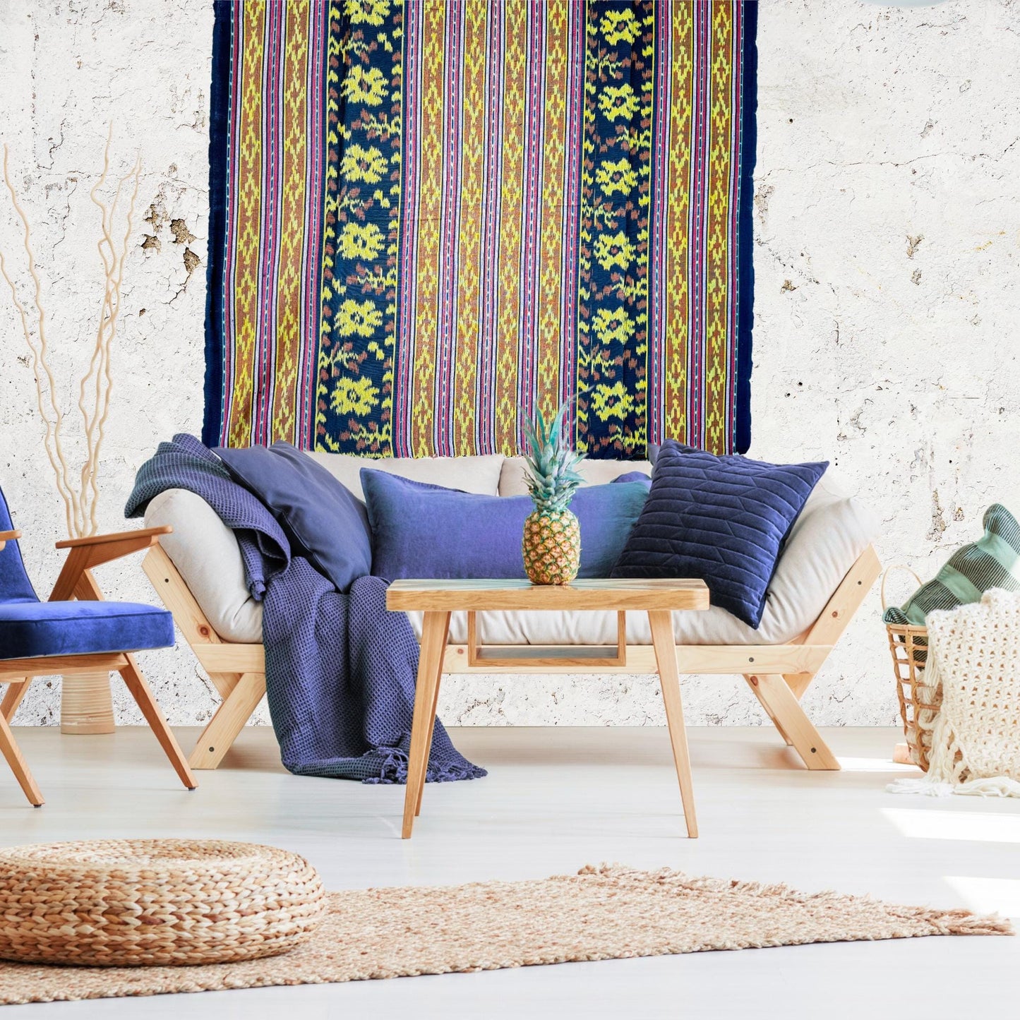 Handwoven Ikat Throw - Cotton Tapestry Wall decor Blanket, Indonesian Handmade Ethnic Textile & Boho Decor
