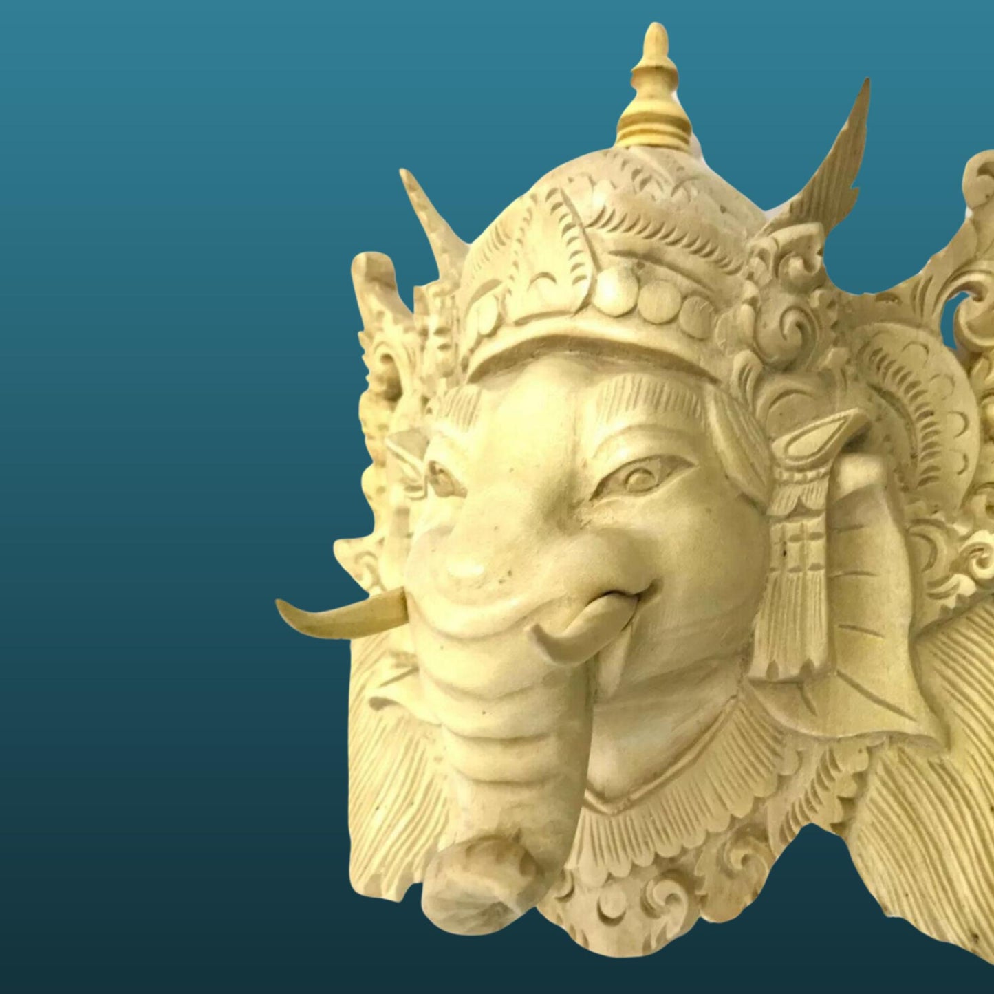 Hand Carved Ganesha Mask Wall Art Sculpture: Balinese Wood Carving, Elephant God