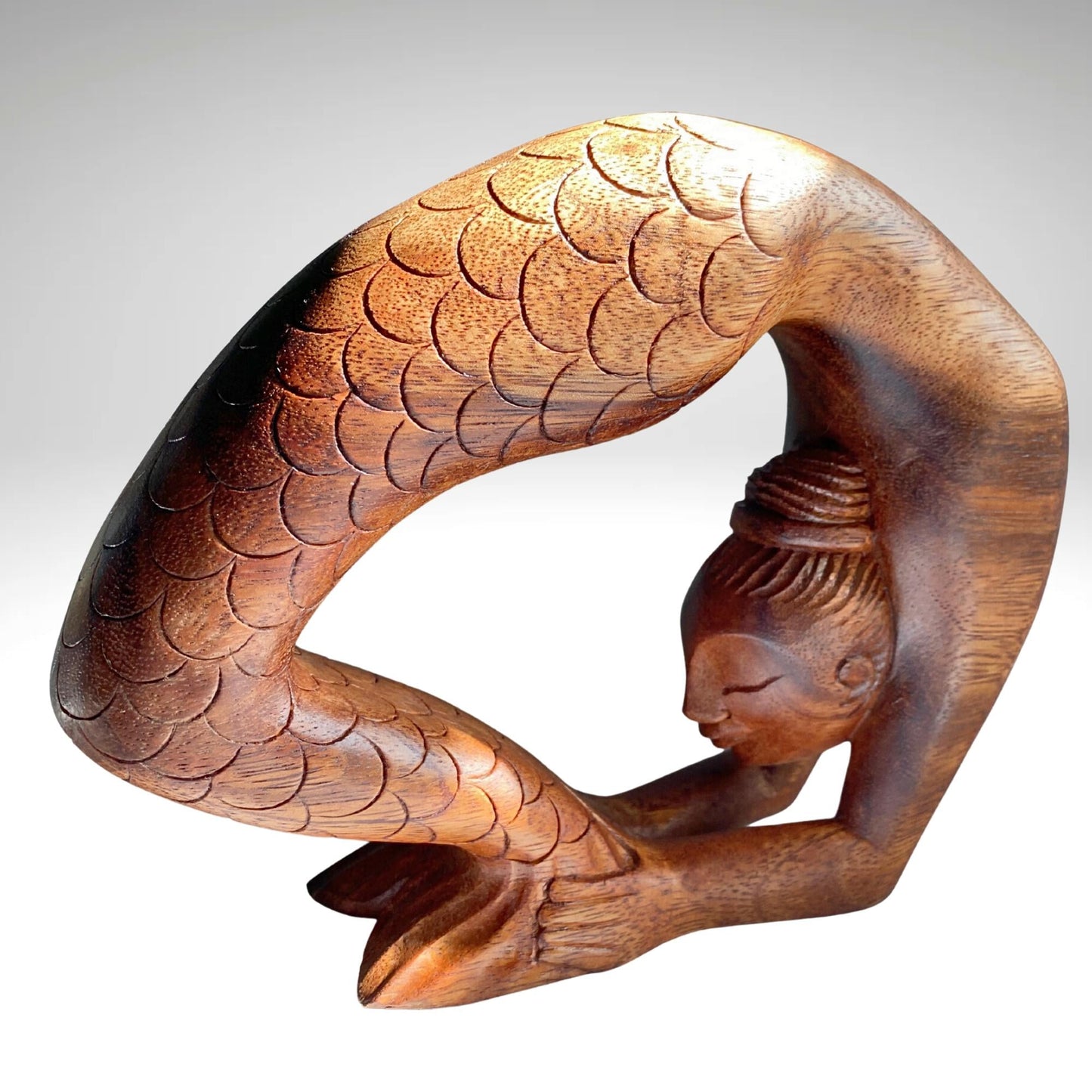 Hand Carved Wood Mermaid Statue: Kapotasana Yoga Pose Sculpture, Balinese Art