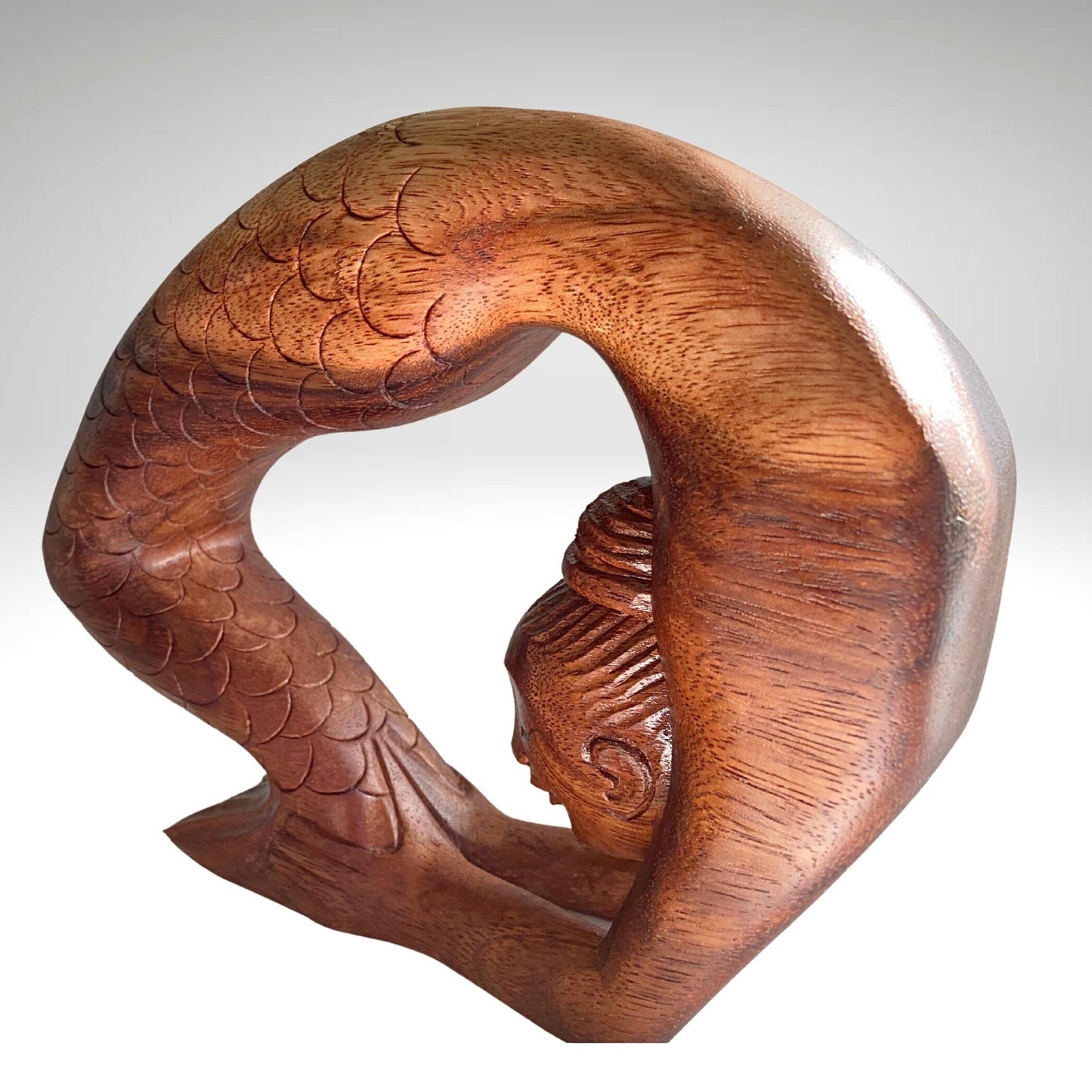 Hand Carved Wood Mermaid Statue: Kapotasana Yoga Pose Sculpture, Balinese Art