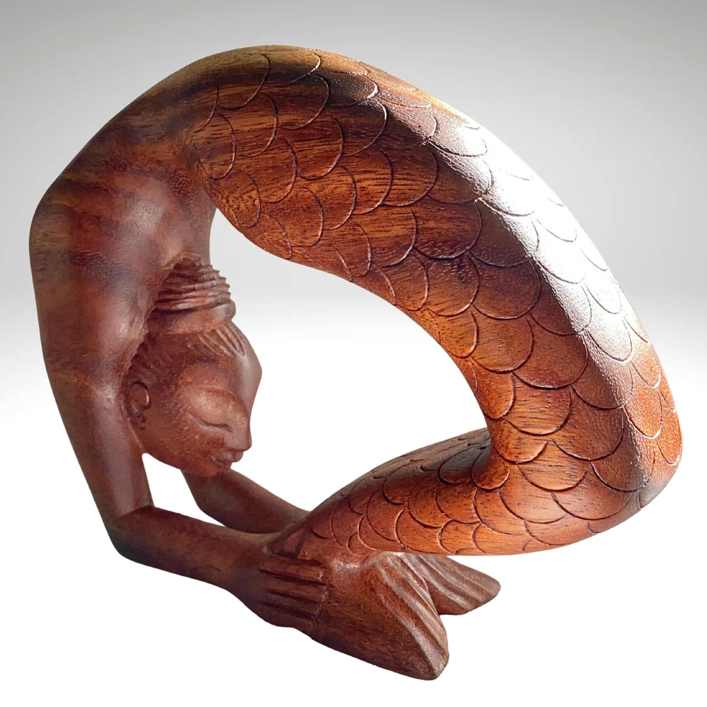 Hand Carved Wood Mermaid Statue: Kapotasana Yoga Pose Sculpture, Balinese Art
