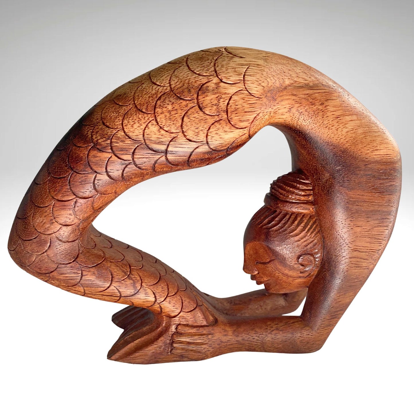 Hand Carved Wood Mermaid Statue: Kapotasana Yoga Pose Sculpture, Balinese Art