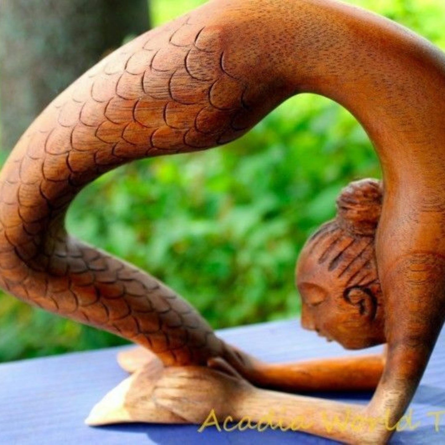 Hand Carved Wood Mermaid Statue: Kapotasana Yoga Pose Sculpture, Balinese Art