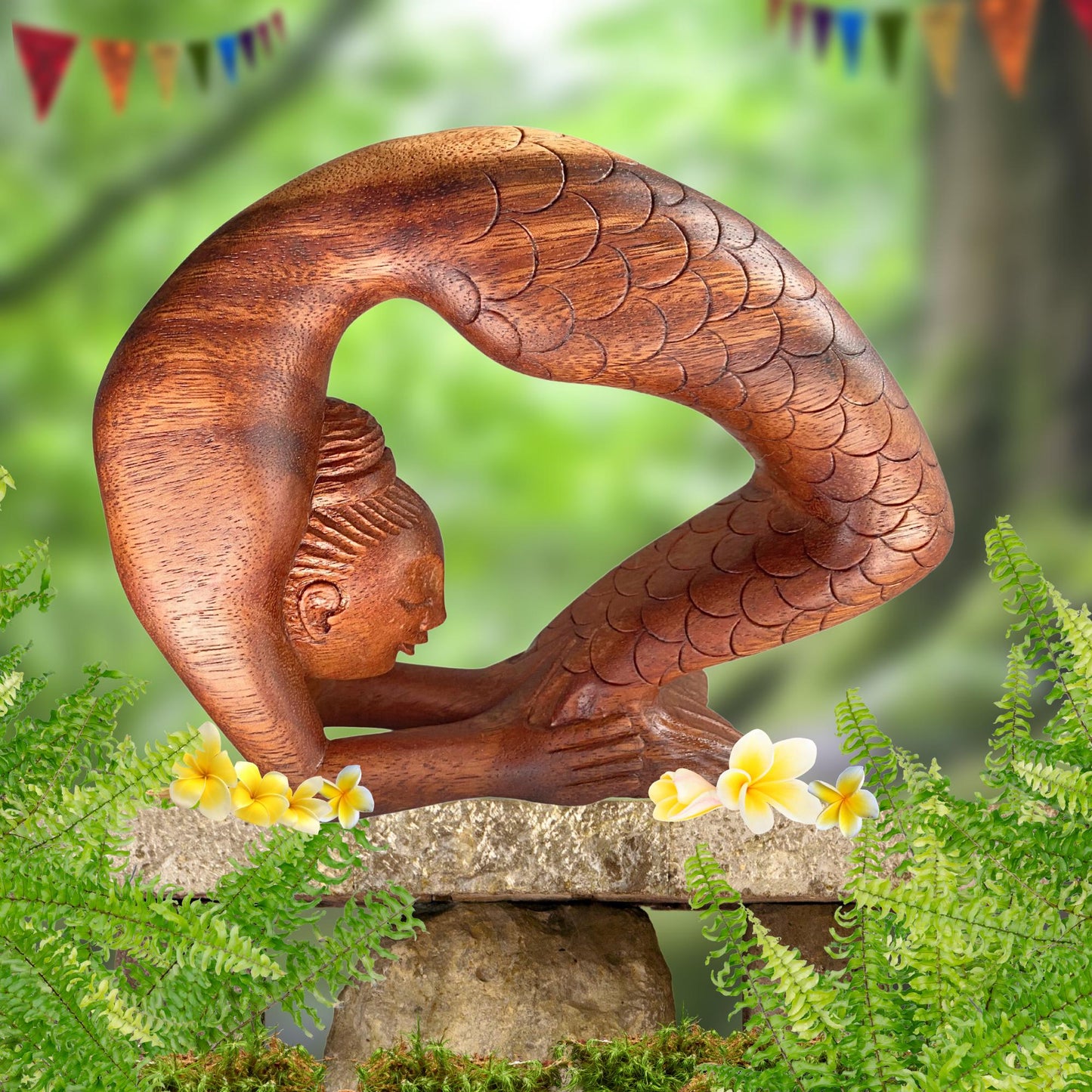Hand Carved Wood Mermaid Statue: Kapotasana Yoga Pose Sculpture, Balinese Art