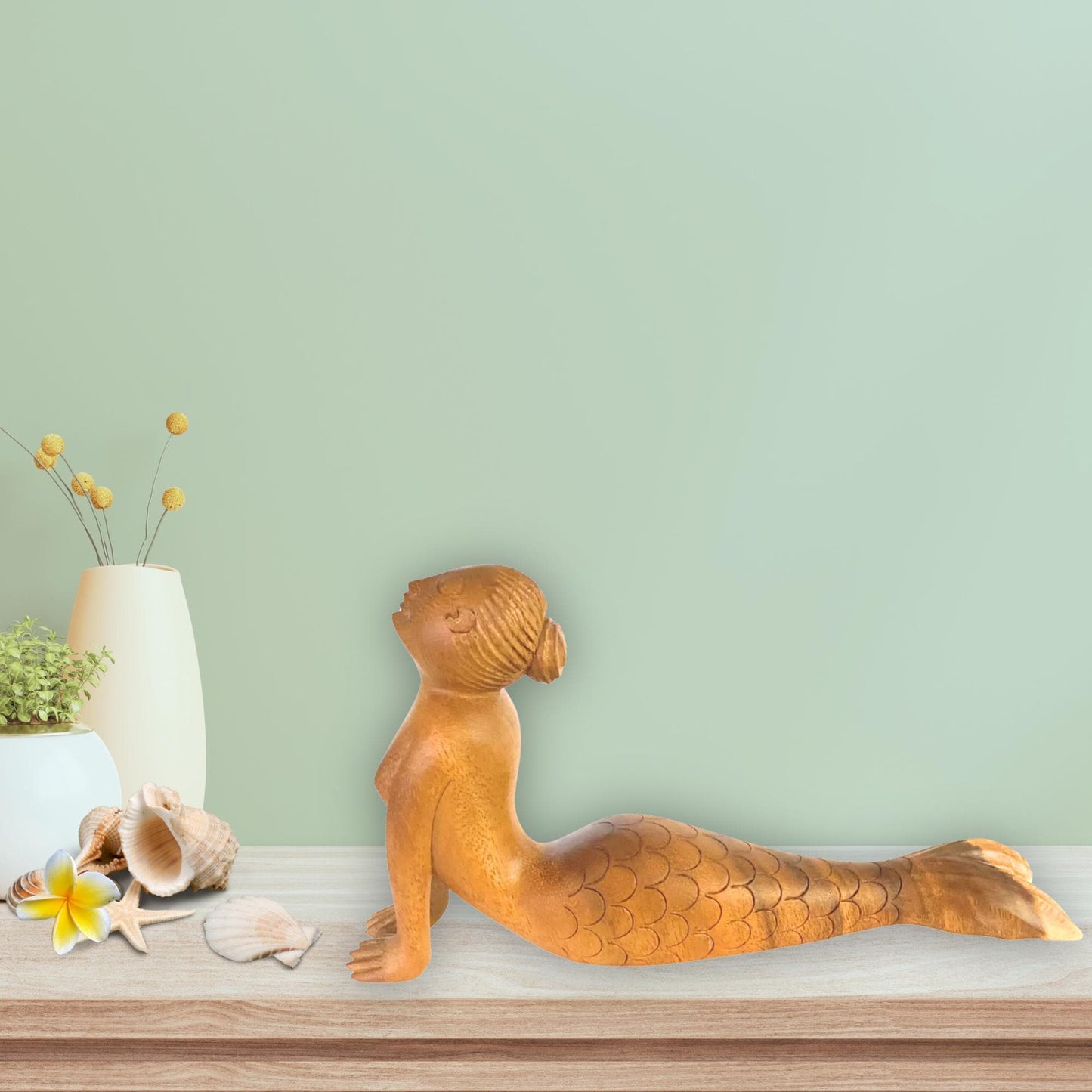 Hand Carved Wood Mermaid Yoga Statue - Cobra Pose - Balinese Art