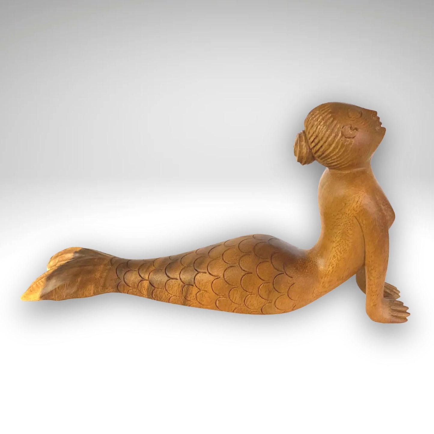Hand Carved Wood Mermaid Yoga Statue - Cobra Pose - Balinese Art
