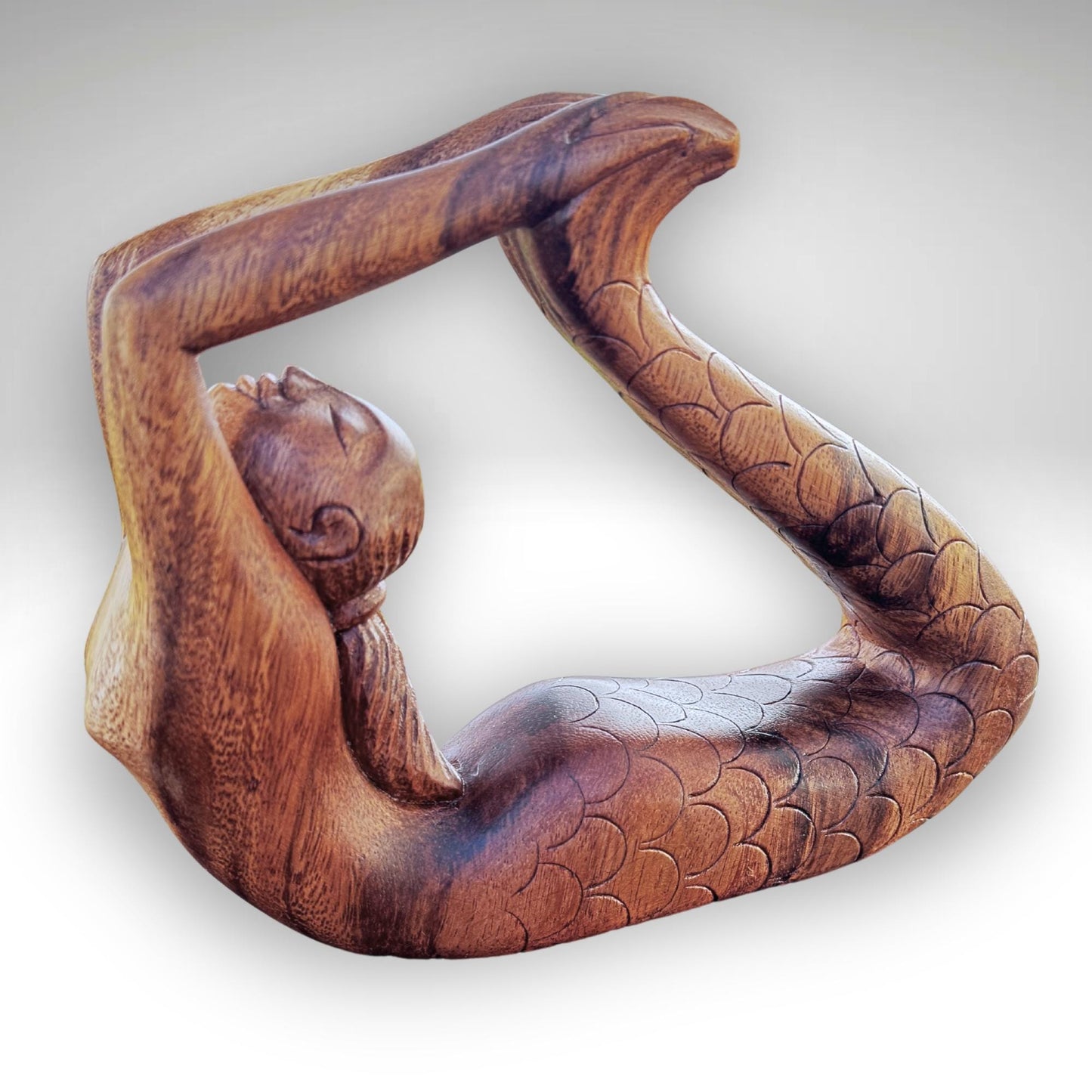 Yoga Mermaid Statue Figurine Dhanurasana Bow Pose Bali Hand Carved Wood Carving Balinese Art