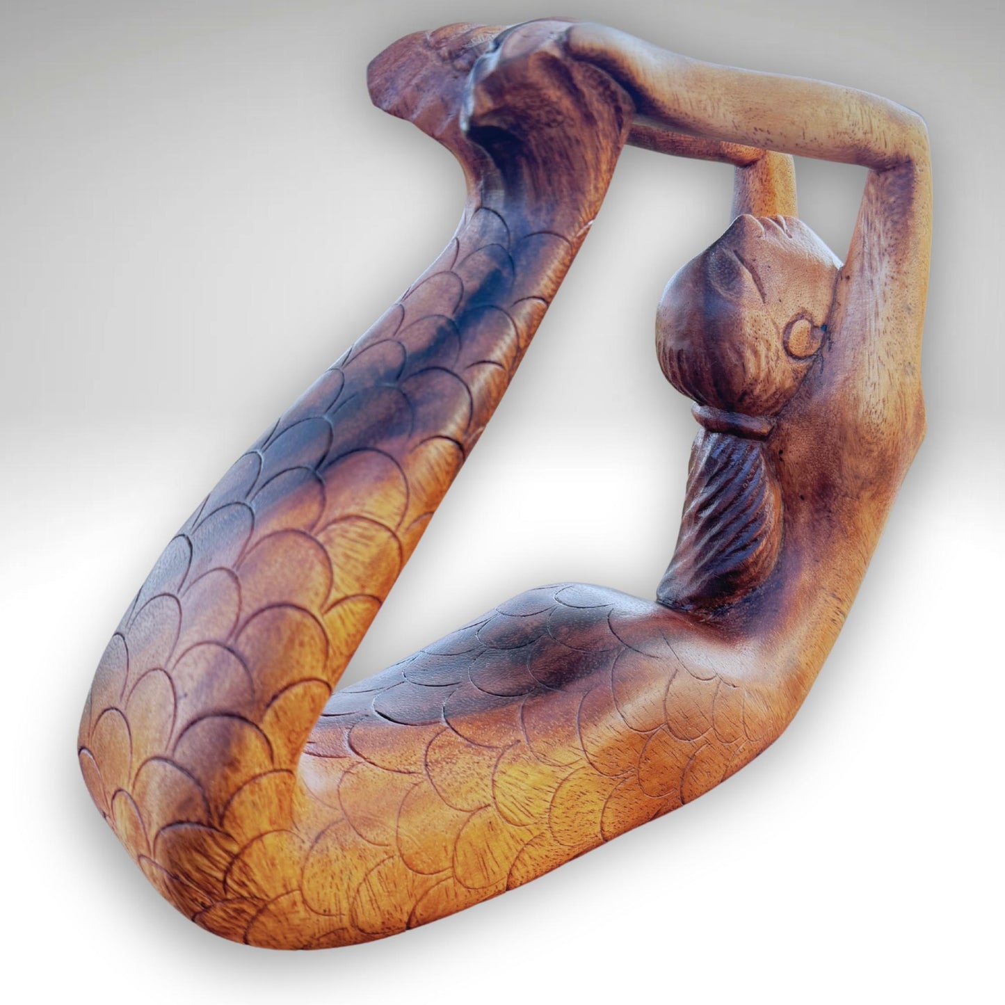 Yoga Mermaid Statue Figurine Dhanurasana Bow Pose Bali Hand Carved Wood Carving Balinese Art