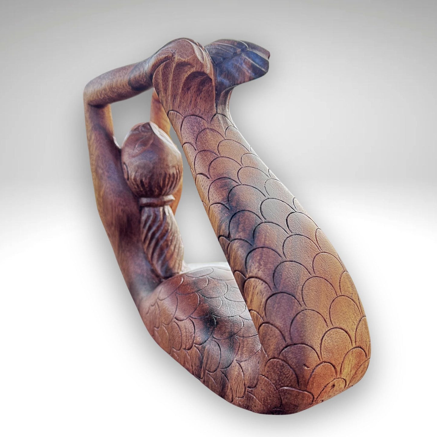 Yoga Mermaid Statue Figurine Dhanurasana Bow Pose Bali Hand Carved Wood Carving Balinese Art
