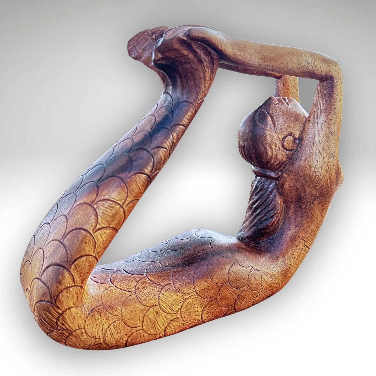 Yoga Mermaid Statue Figurine Dhanurasana Bow Pose Bali Hand Carved Wood Carving Balinese Art