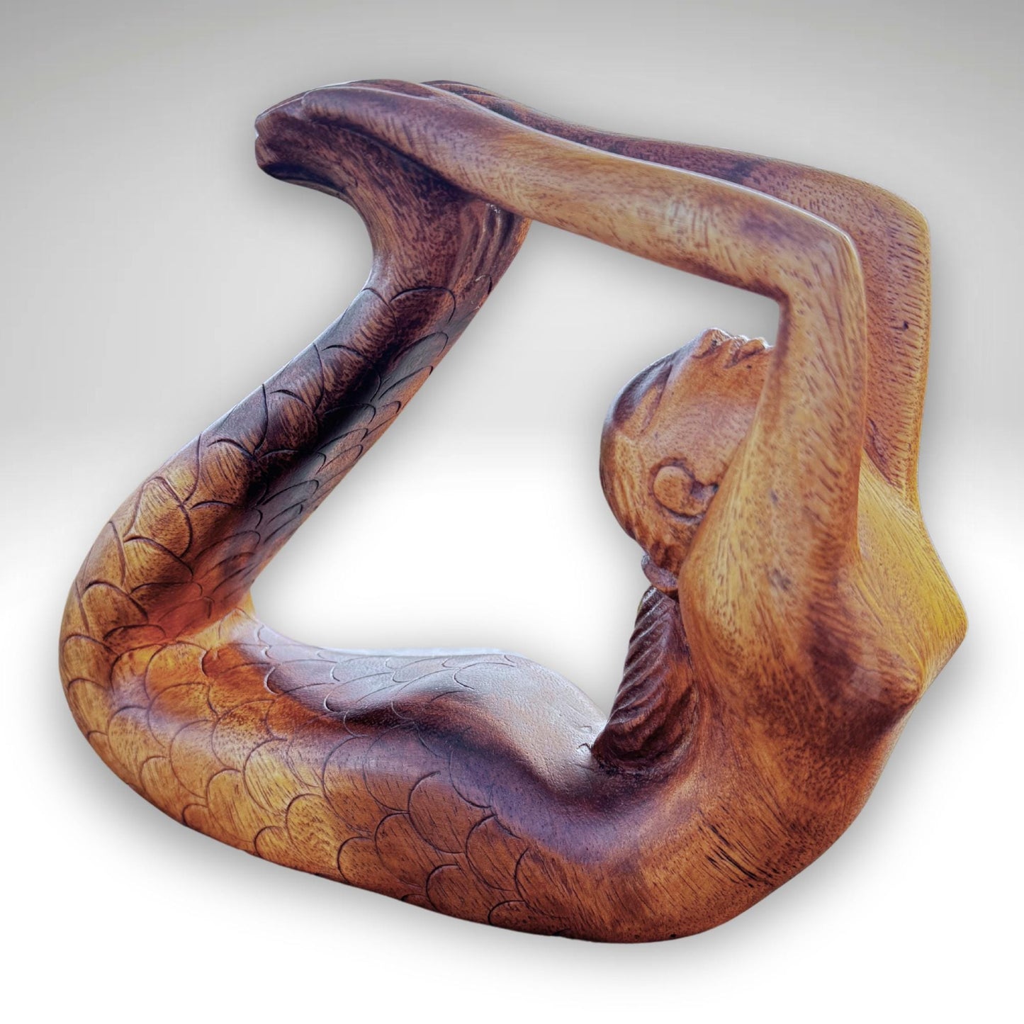 Yoga Mermaid Statue Figurine Dhanurasana Bow Pose Bali Hand Carved Wood Carving Balinese Art