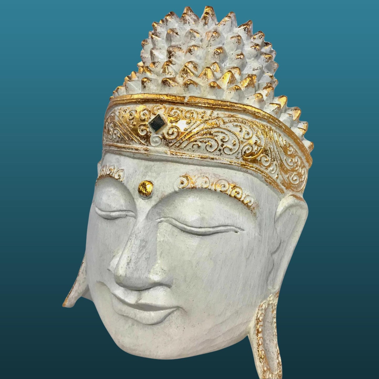 Hand Carved White Buddha Mask: Balinese Wood Wall Art