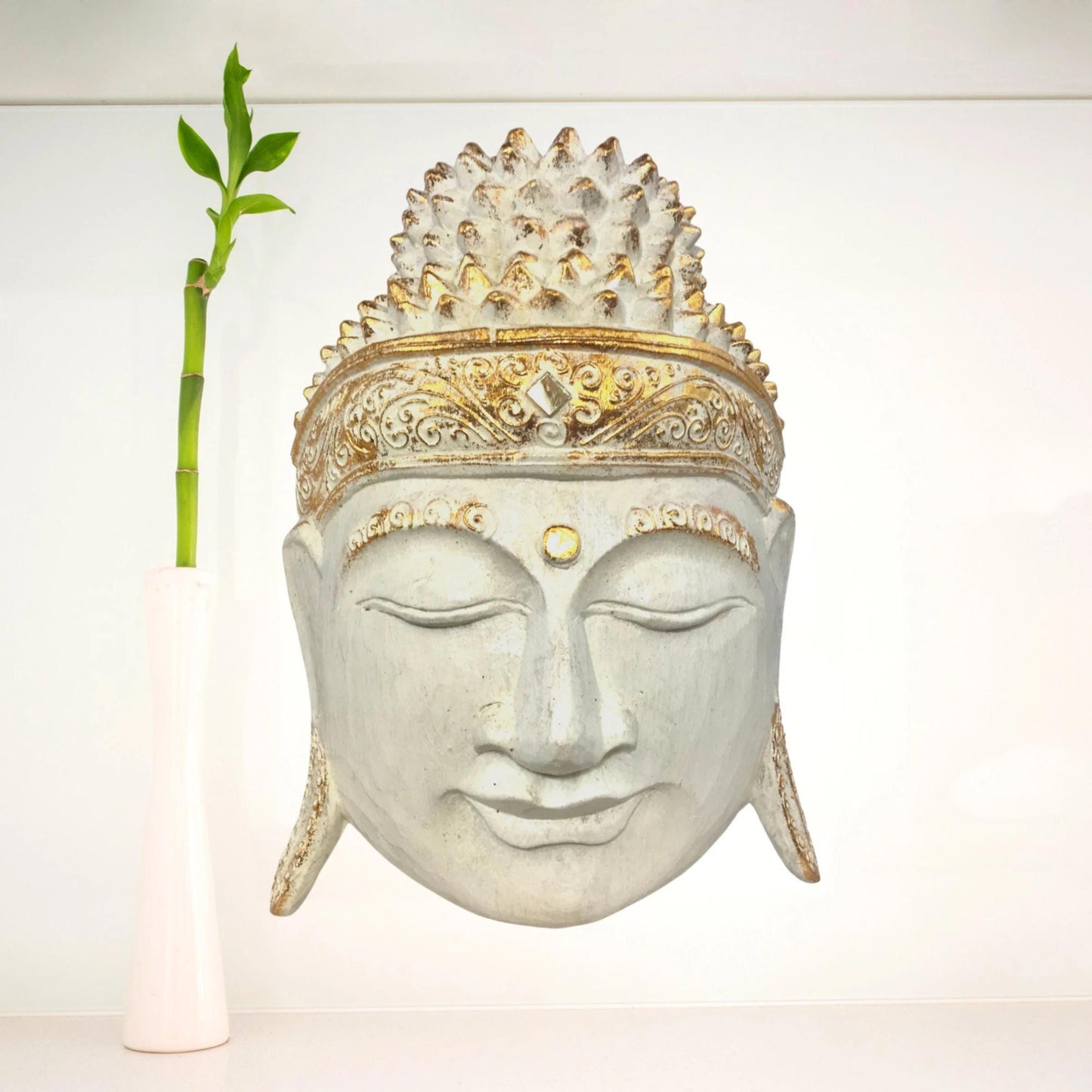 Hand Carved White Buddha Mask: Balinese Wood Wall Art
