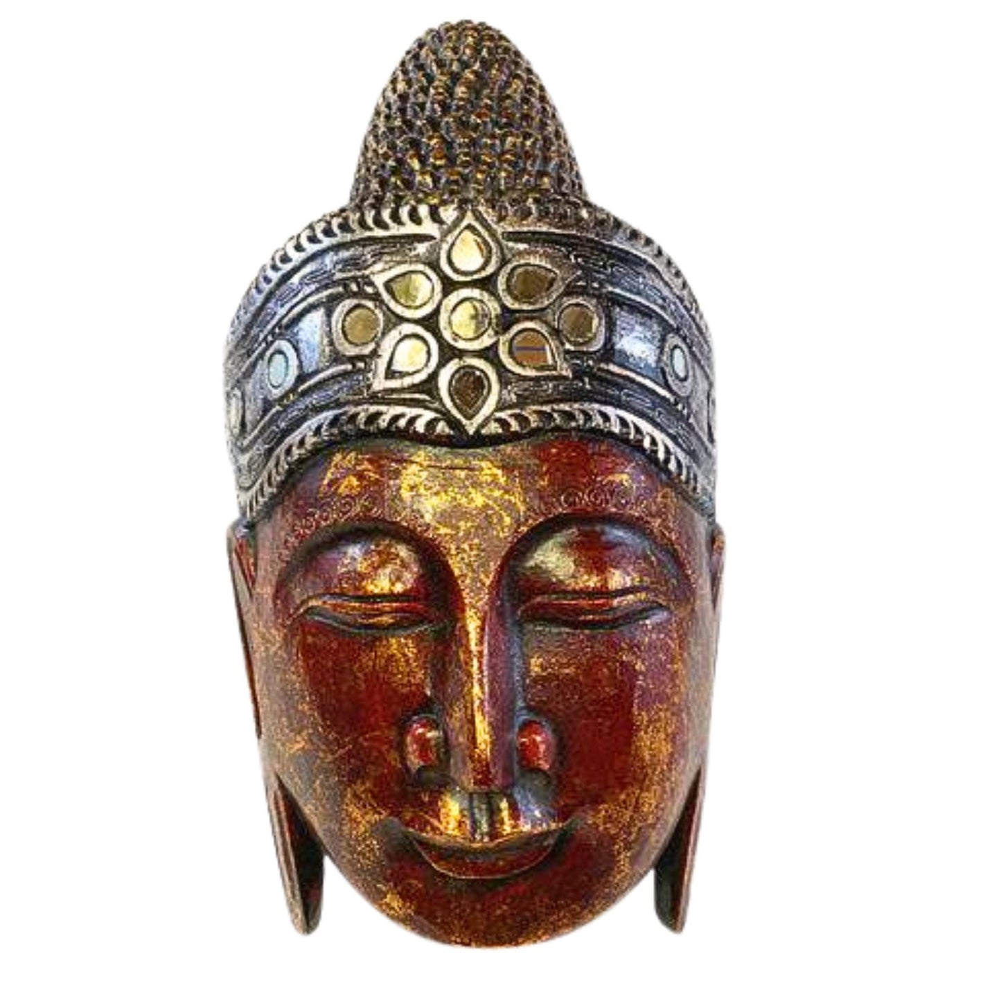 Balinese Hand Carved Red Buddha Mask: Bali Wood Carving  Wall Art Sculpture