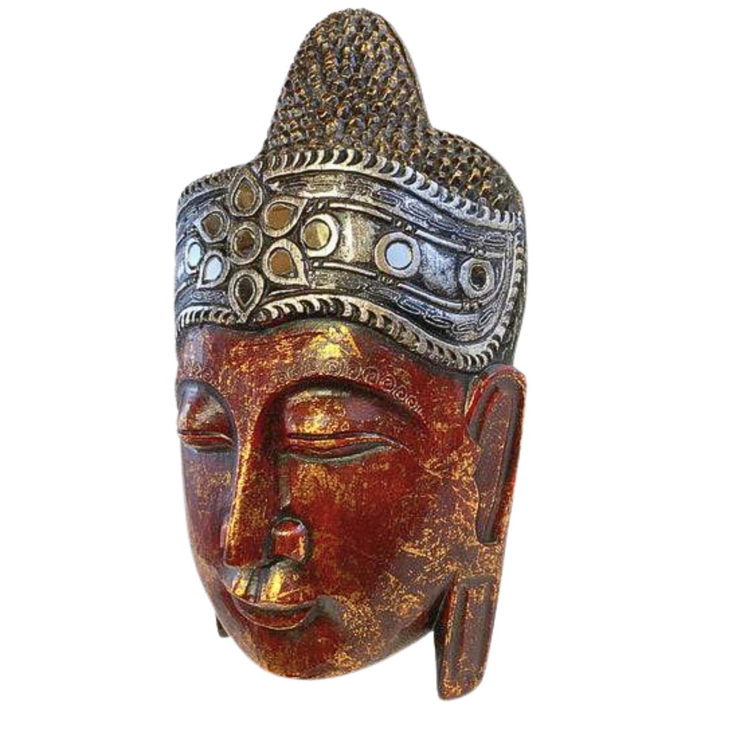 Balinese Hand Carved Red Buddha Mask: Bali Wood Carving  Wall Art Sculpture