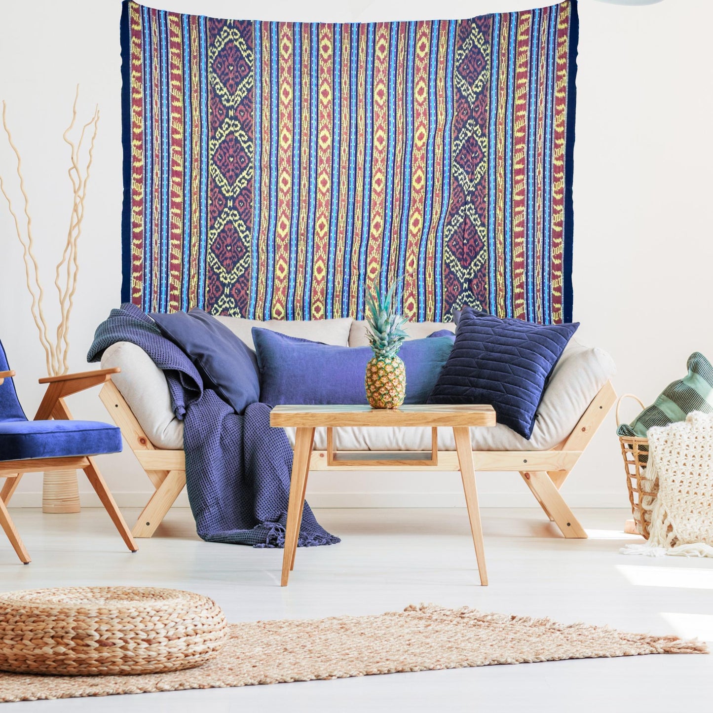 Handwoven Ikat Cotton Tapestry: Indonesian Octopus Motif Wall Hanging