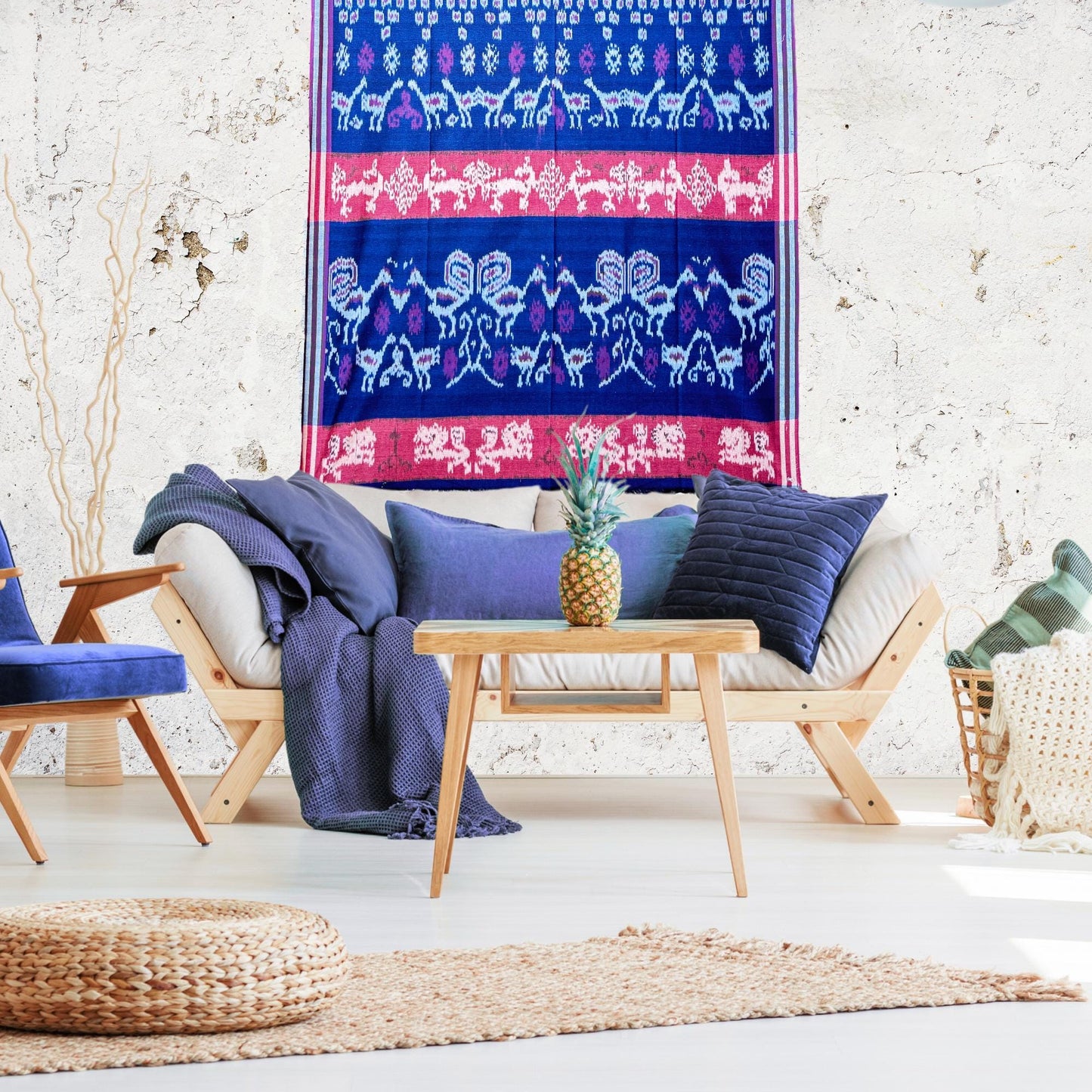 Handwoven Indonesian Cotton Ikat  Blanket: Red Indigo Chicken Motif. hand loomed cloth