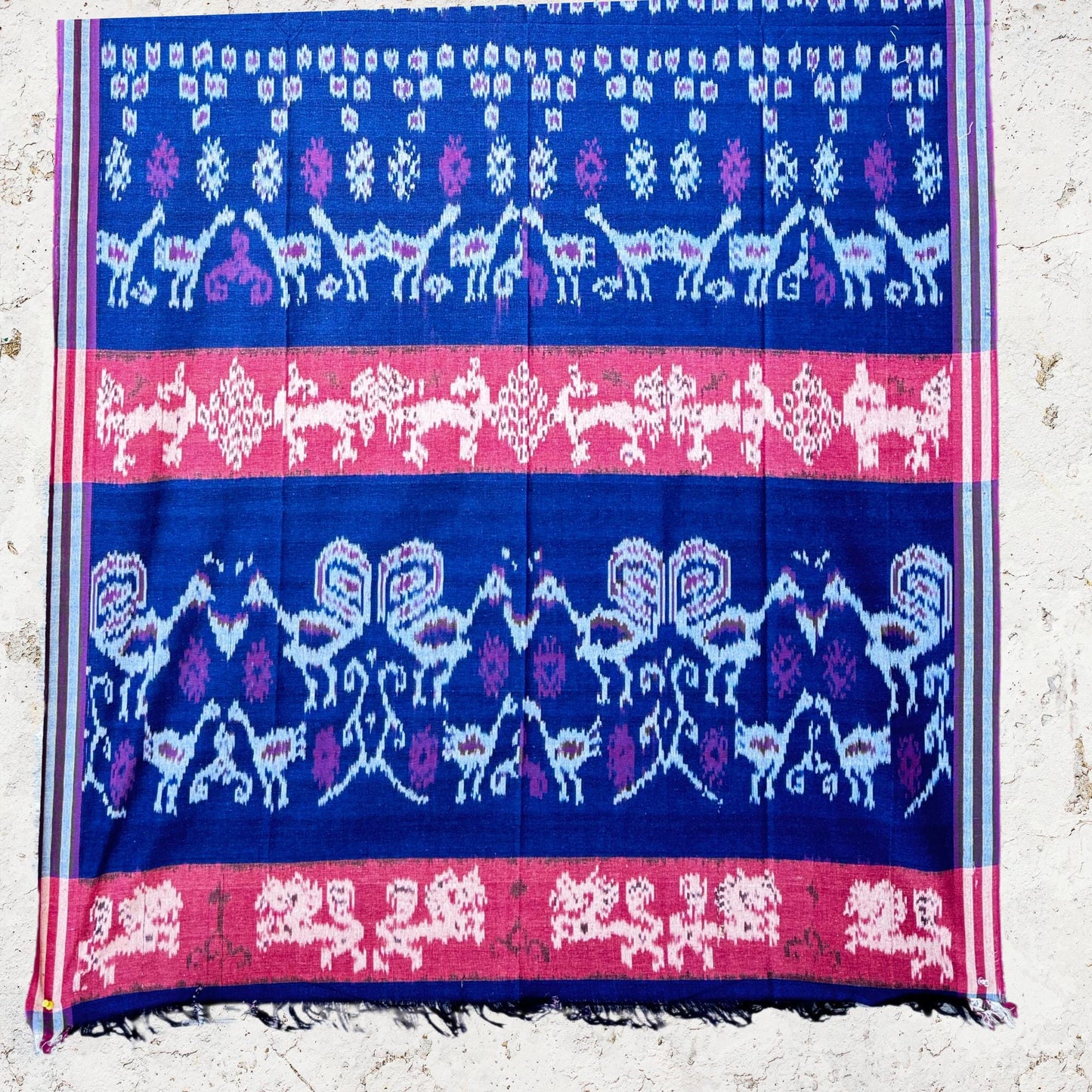 Handwoven Indonesian Cotton Ikat  Blanket: Red Indigo Chicken Motif. hand loomed cloth