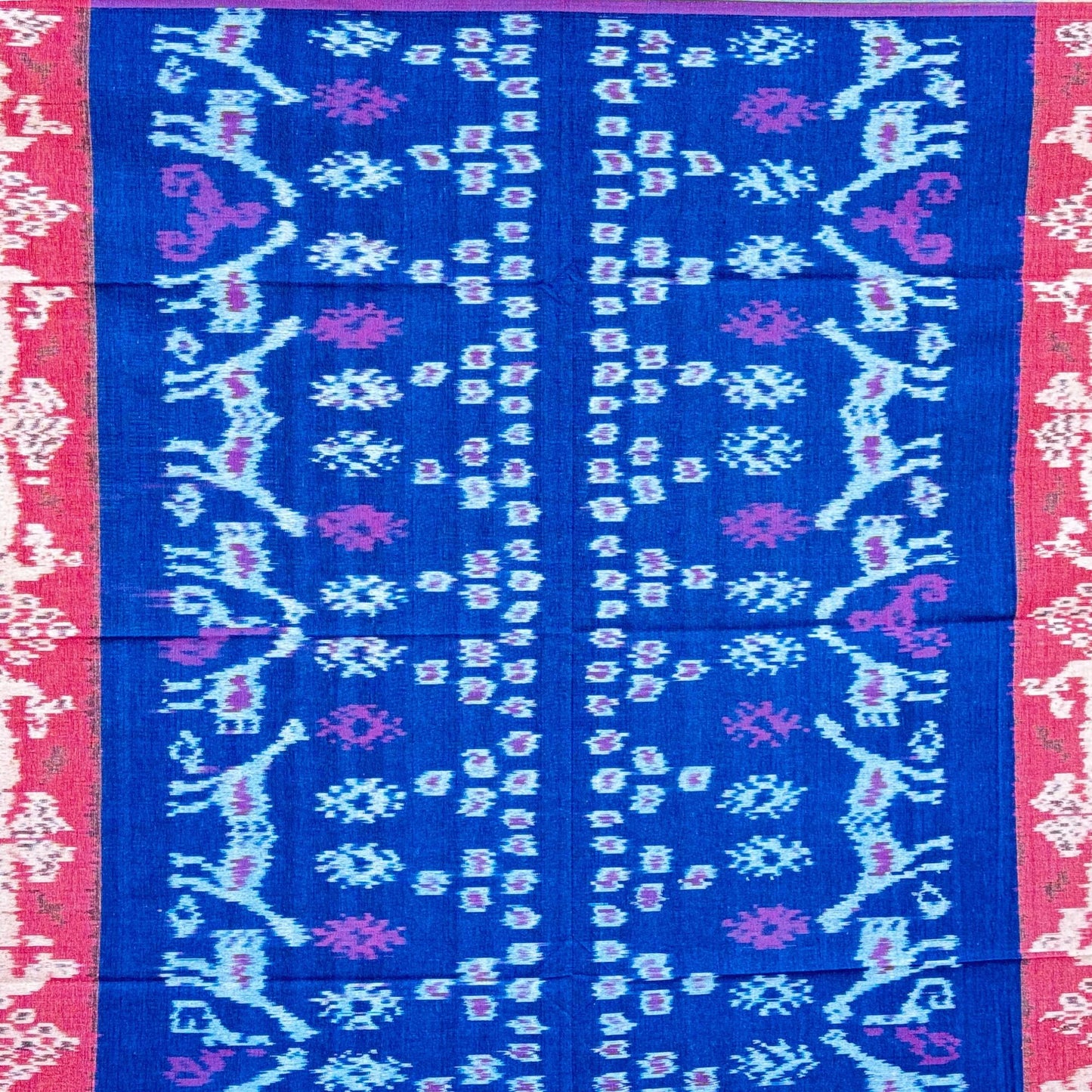 Handwoven Indonesian Cotton Ikat  Blanket: Red Indigo Chicken Motif. hand loomed cloth