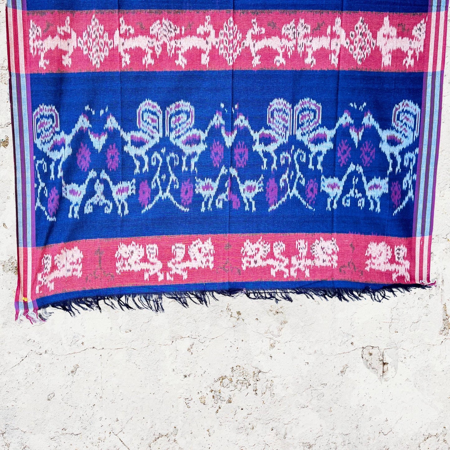 Handwoven Indonesian Cotton Ikat  Blanket: Red Indigo Chicken Motif. hand loomed cloth