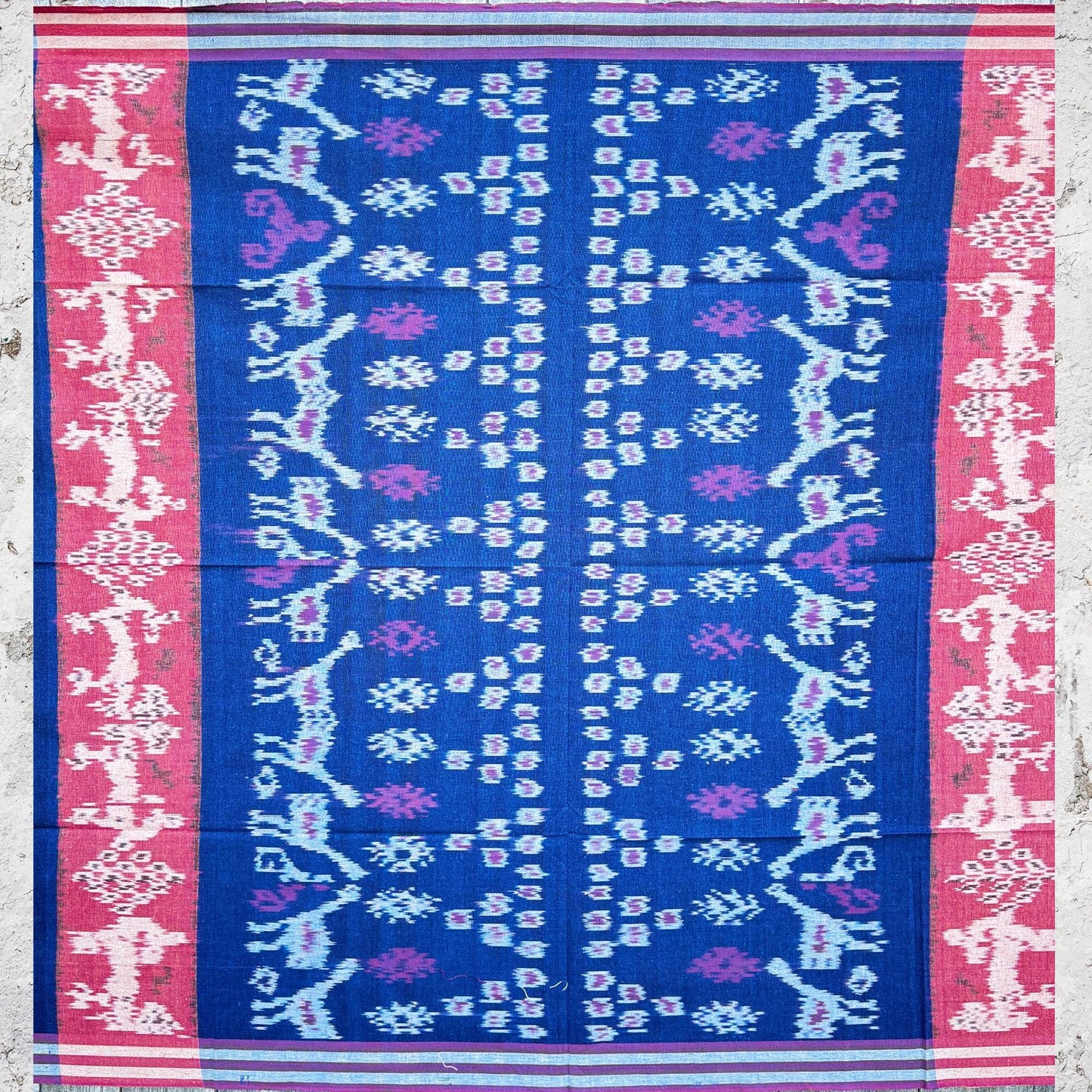 Handwoven Indonesian Cotton Ikat  Blanket: Red Indigo Chicken Motif. hand loomed cloth
